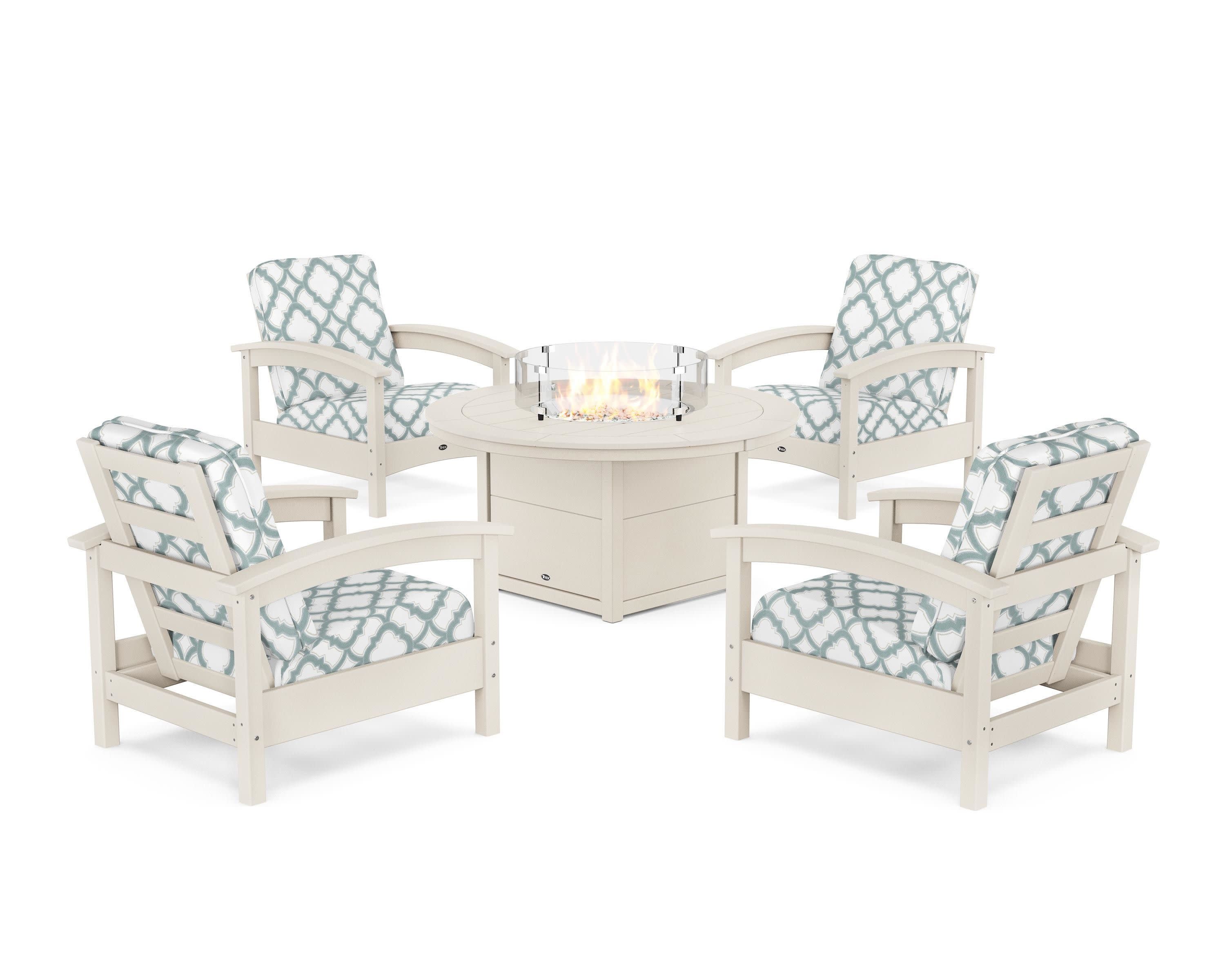 Rockport 5-Piece Deep Seating Set with Round Fire Pit Table in Sand Castle / Trellis Glacier Spa