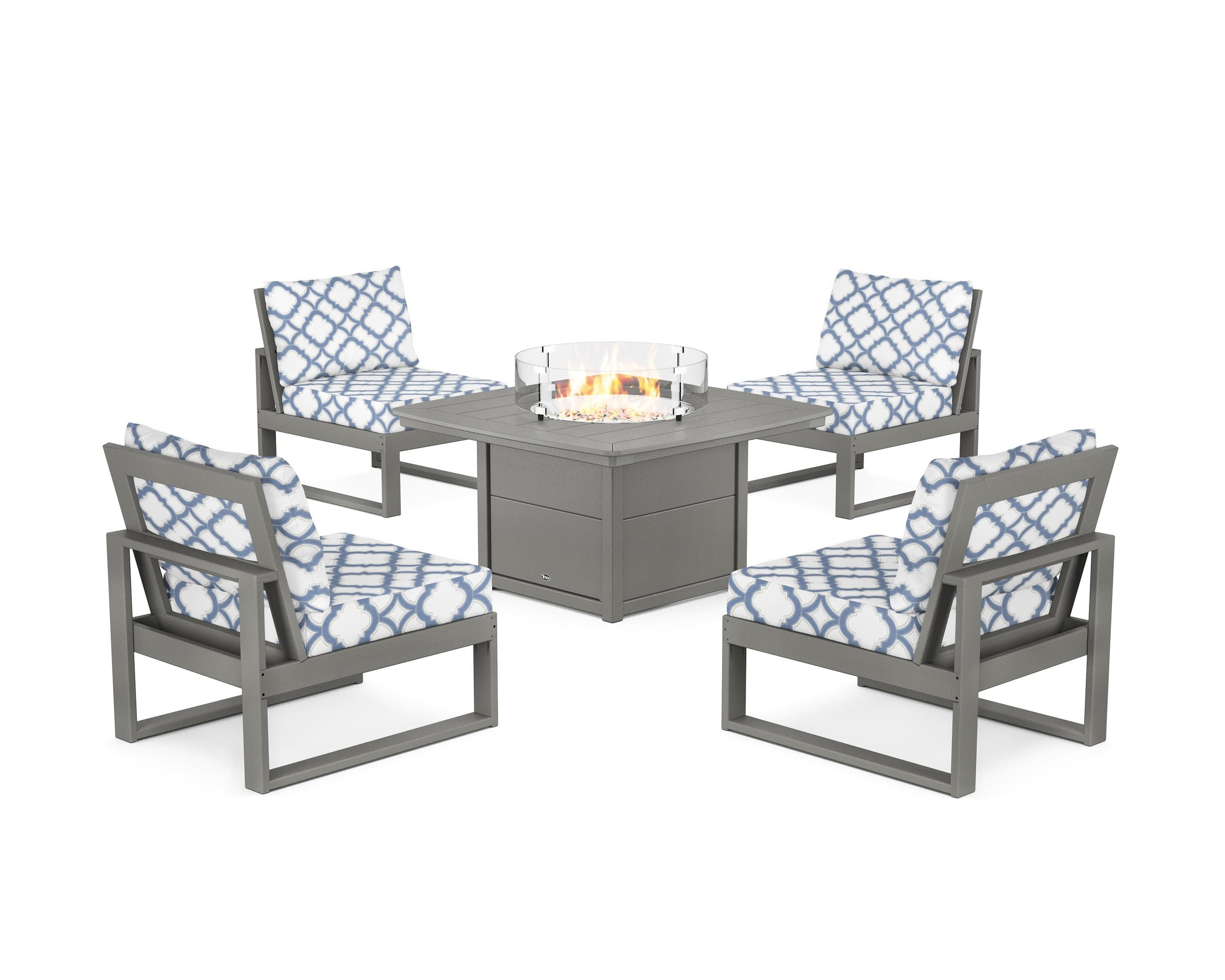 Eastport Modular 5-Piece Deep Seating Set with Yacht Club Fire Pit Table in Stepping Stone / Trellis Sky Blue