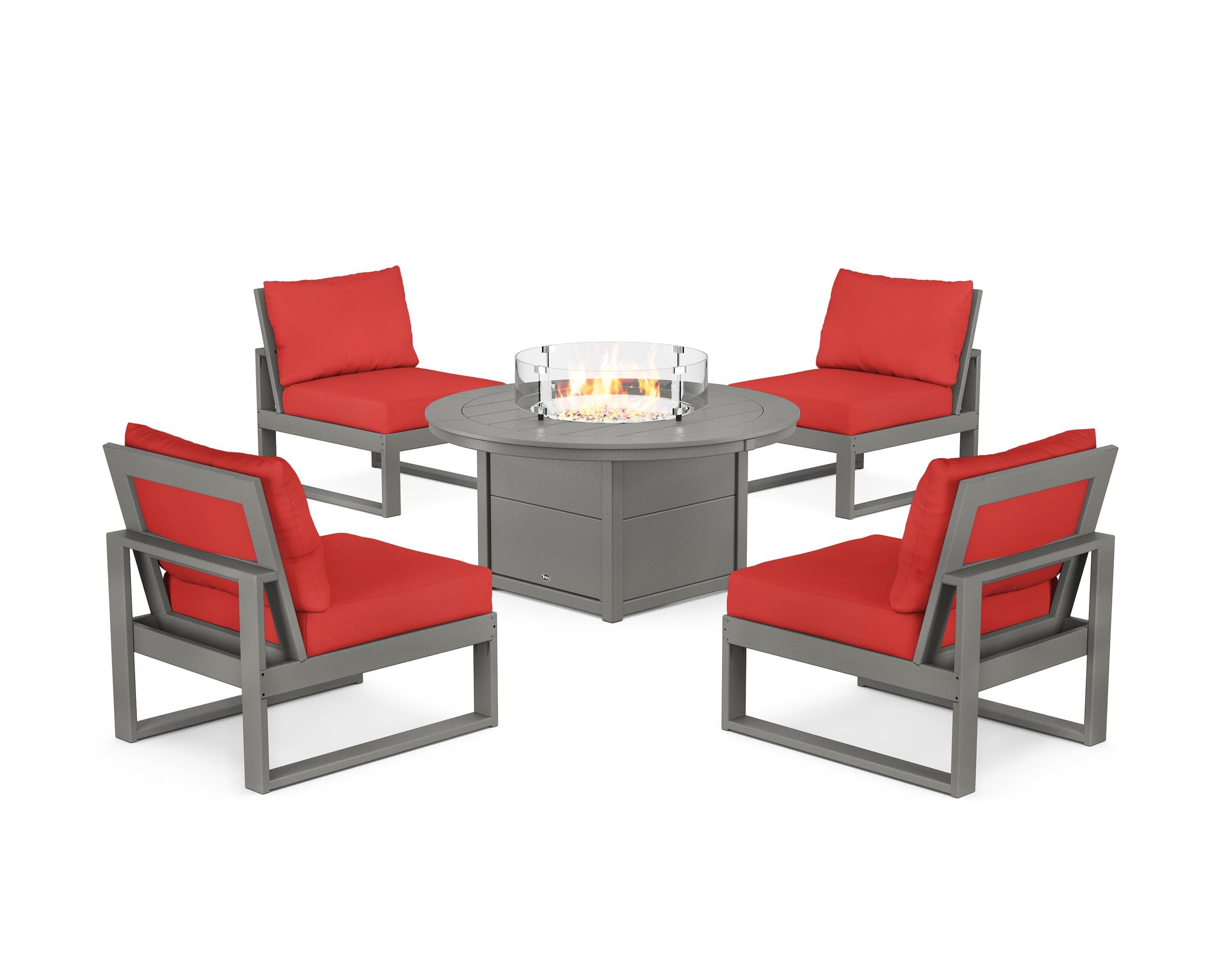 Eastport Modular 5-Piece Deep Seating Set with Round Fire Pit Table in Stepping Stone / Crimson Linen