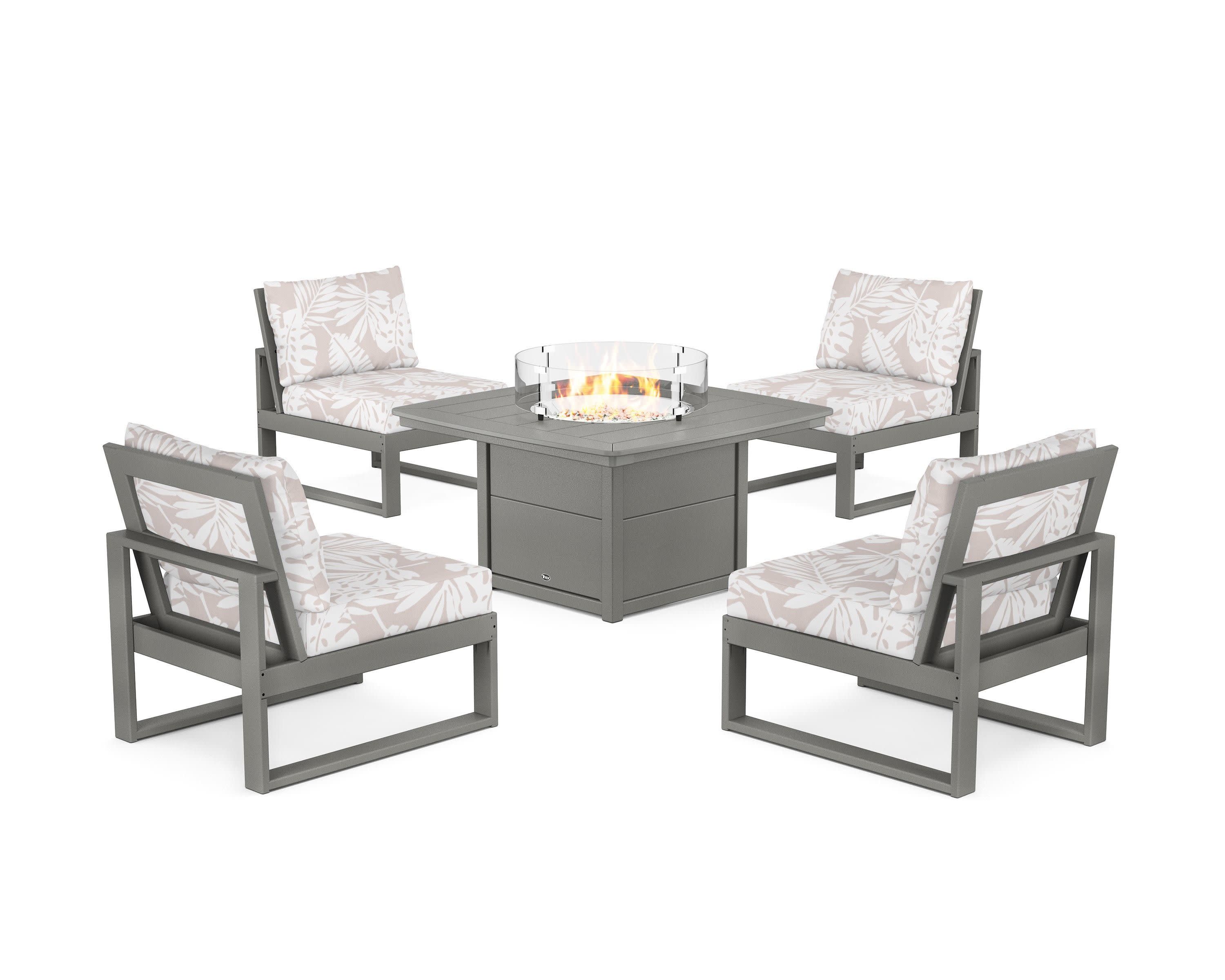Eastport Modular 5-Piece Deep Seating Set with Yacht Club Fire Pit Table in Stepping Stone / Leaf Dune Burlap