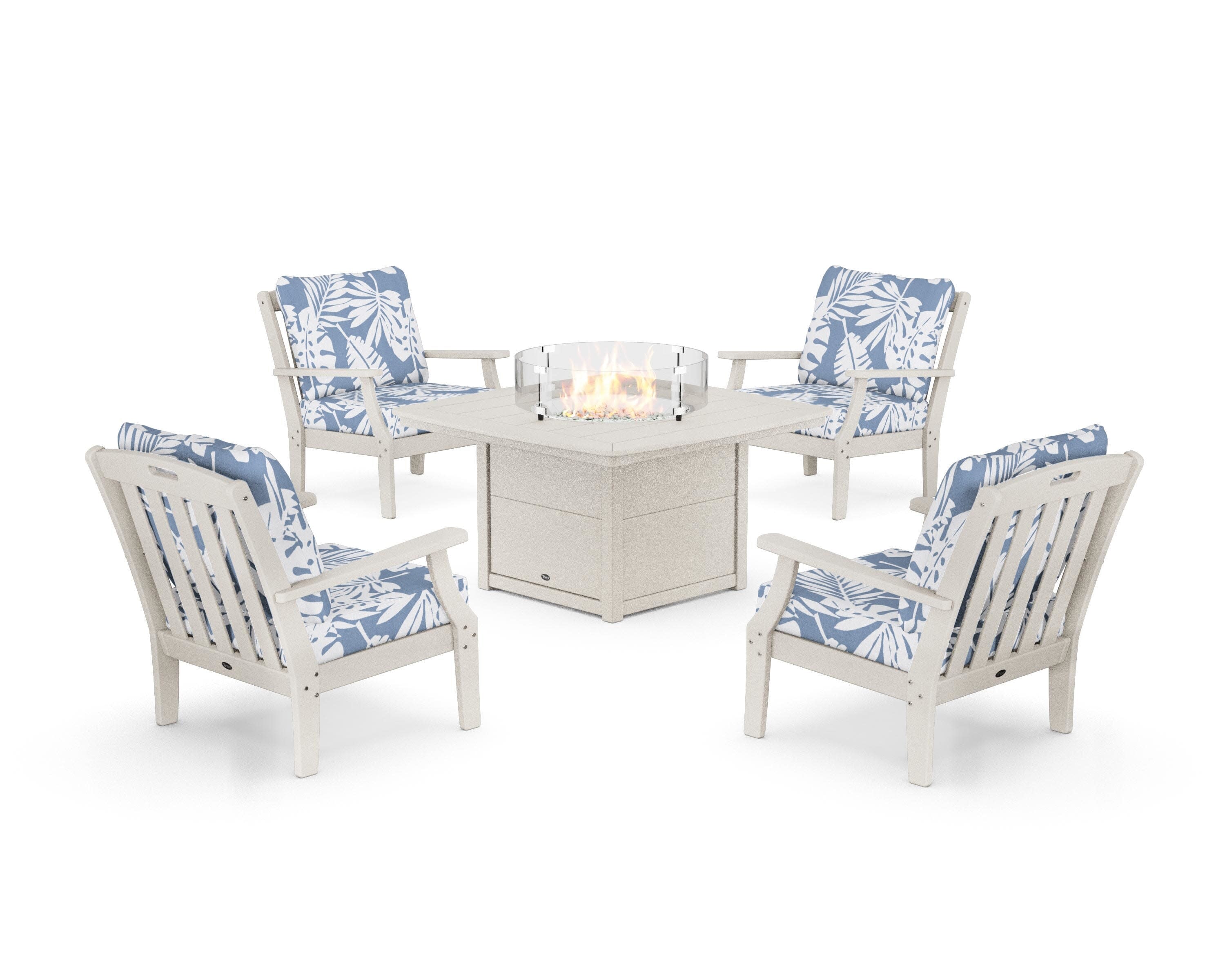 Yacht Club 5-Piece Deep Seating Set with Fire Pit Table in Sand Castle / Leaf Sky Blue