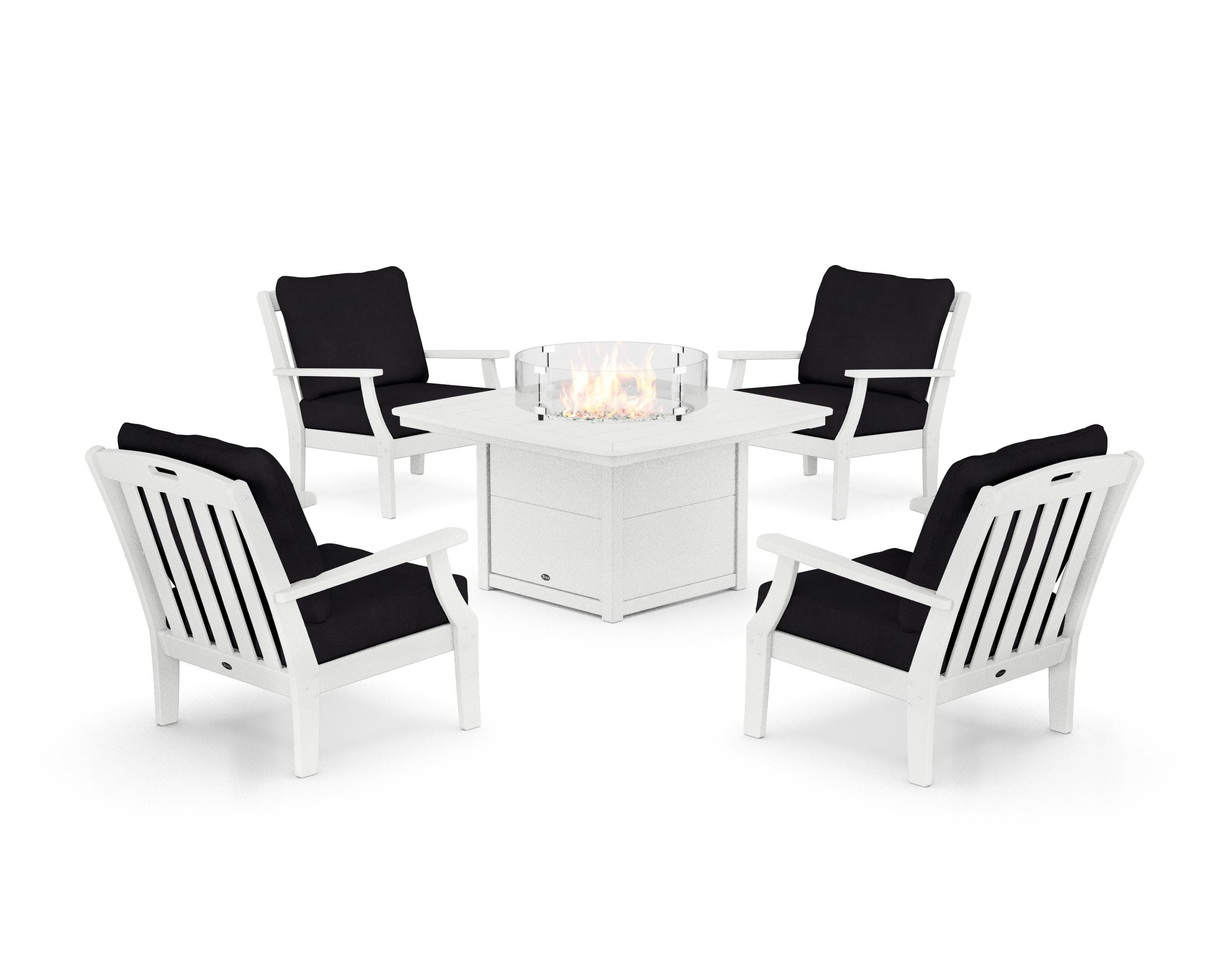 Yacht Club 5-Piece Deep Seating Set with Fire Pit Table in Classic White / Midnight Linen