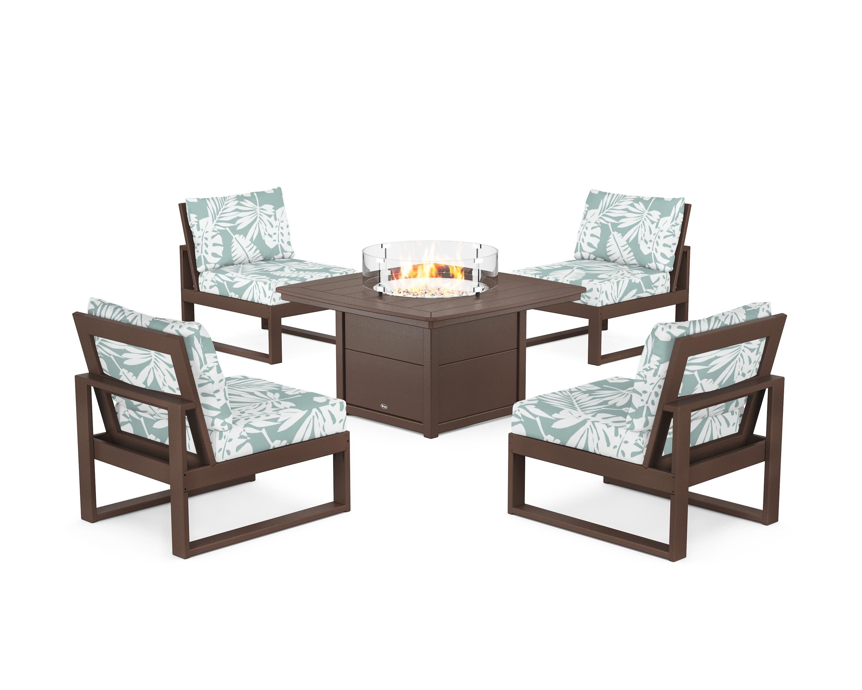 Eastport Modular 5-Piece Deep Seating Set with Yacht Club Fire Pit Table in Vintage Lantern / Leaf Glacier Spa
