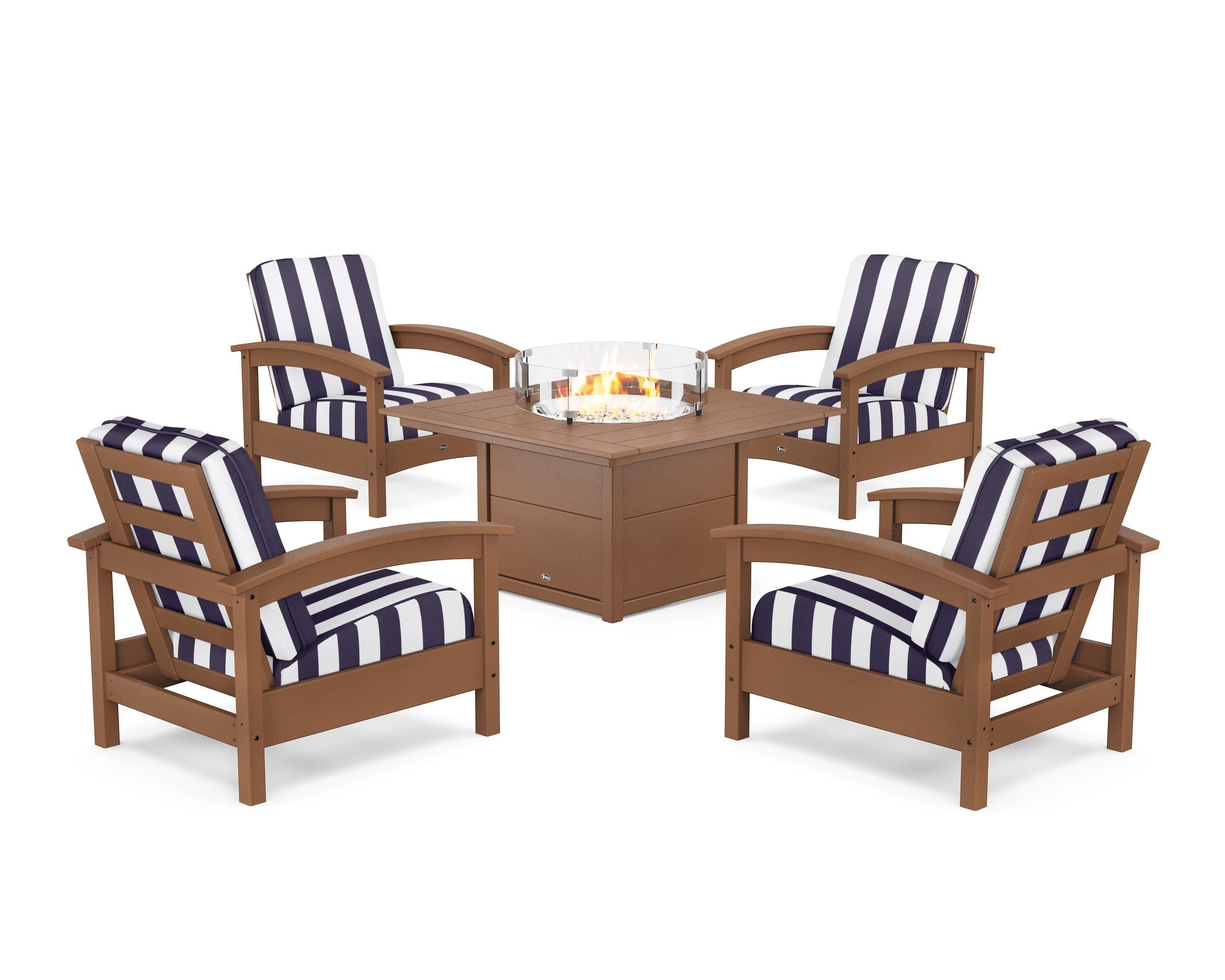 Rockport 5-Piece Deep Seating Set with Square Fire Pit Table in Tree House / Cabana Stripe Navy