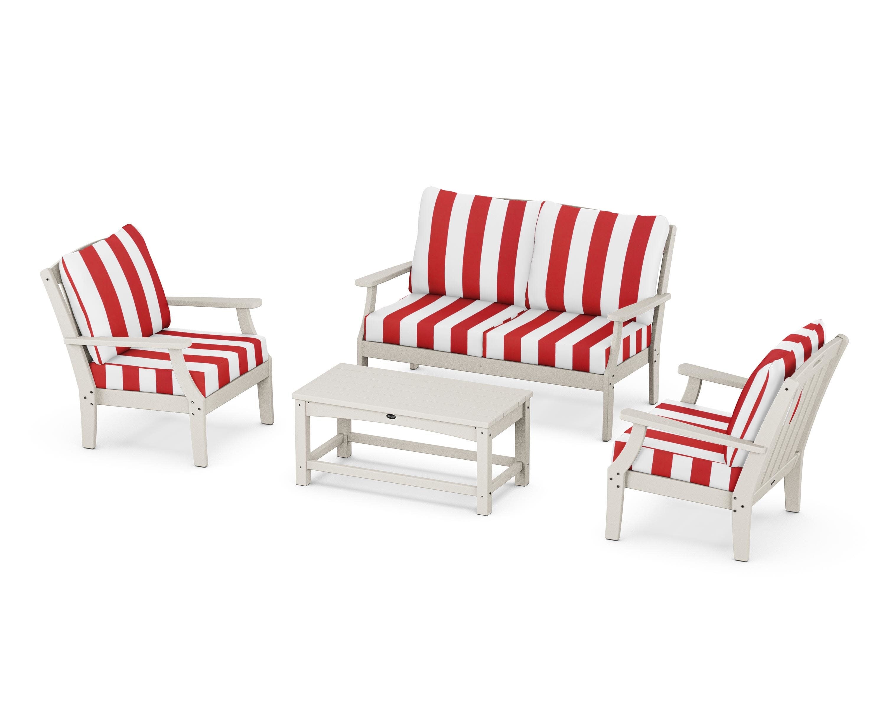 Yacht Club 4-Piece Deep Seating Chair Set in Sand Castle / Cabana Stripe Crimson