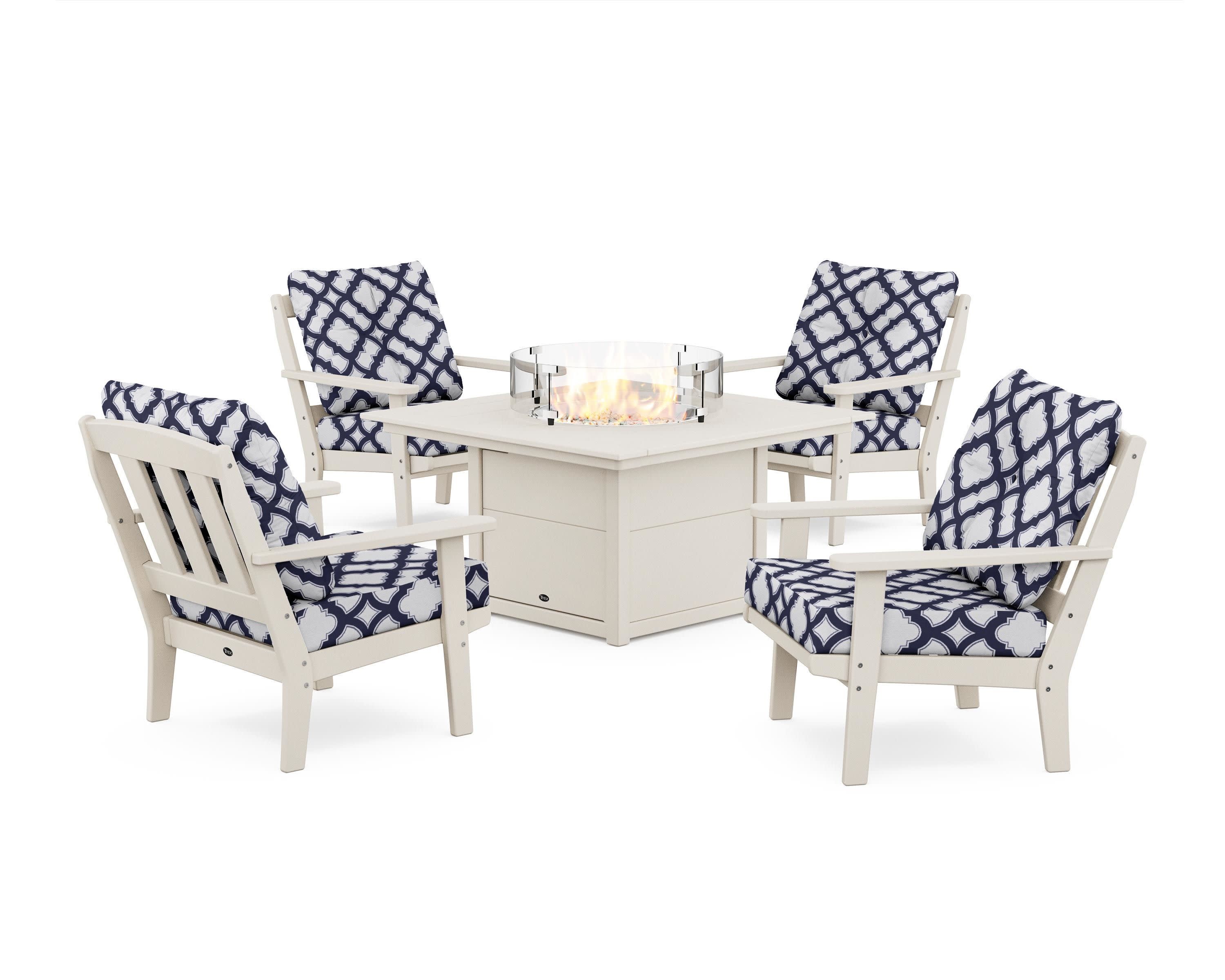 Cape Cod 5-Piece Deep Seating Set with Fire Pit Table in Sand Castle / Trellis Navy