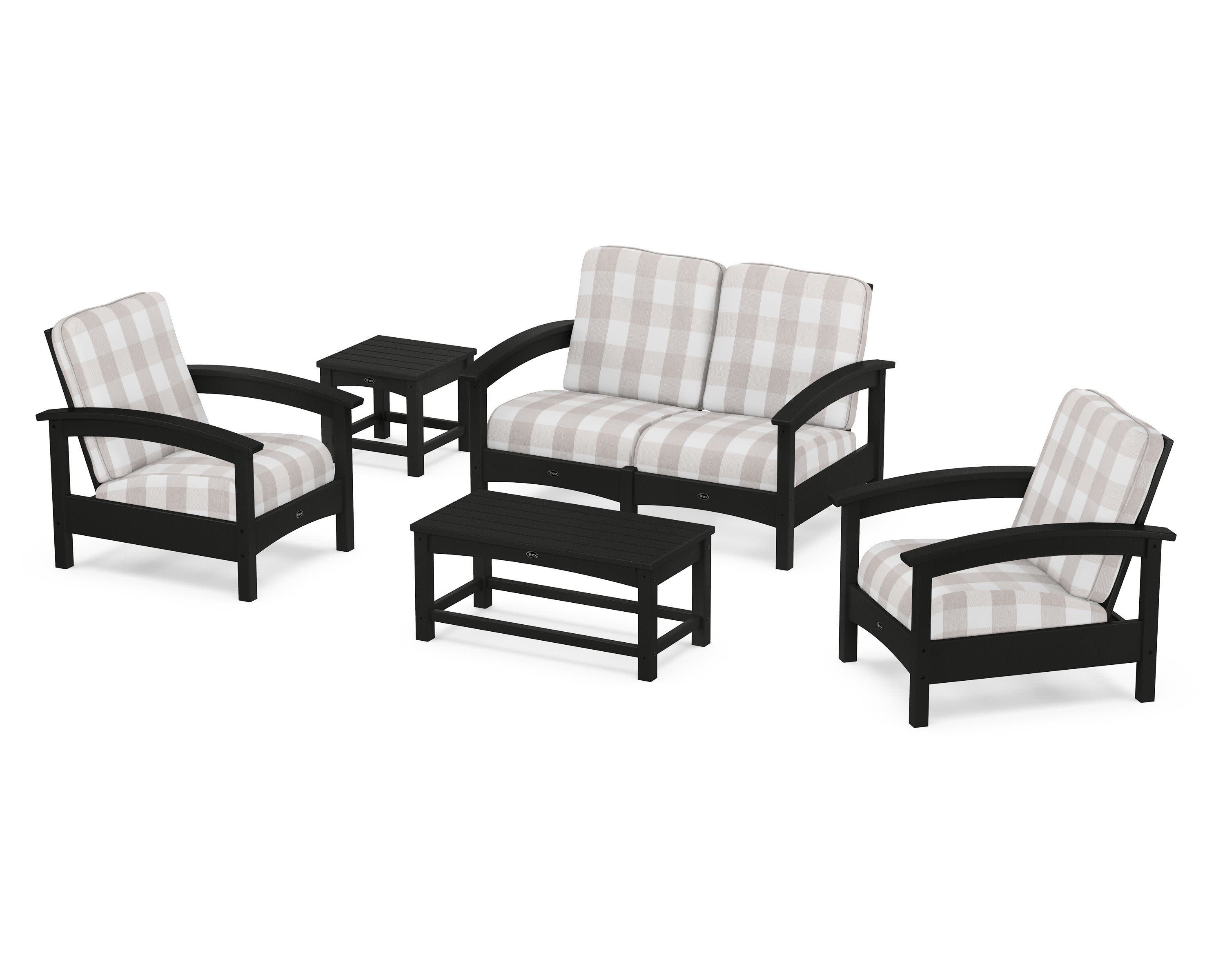Rockport Club 6-Piece Deep Seating Conversation Set in Charcoal Black / Buffalo Plaid Dune Burlap