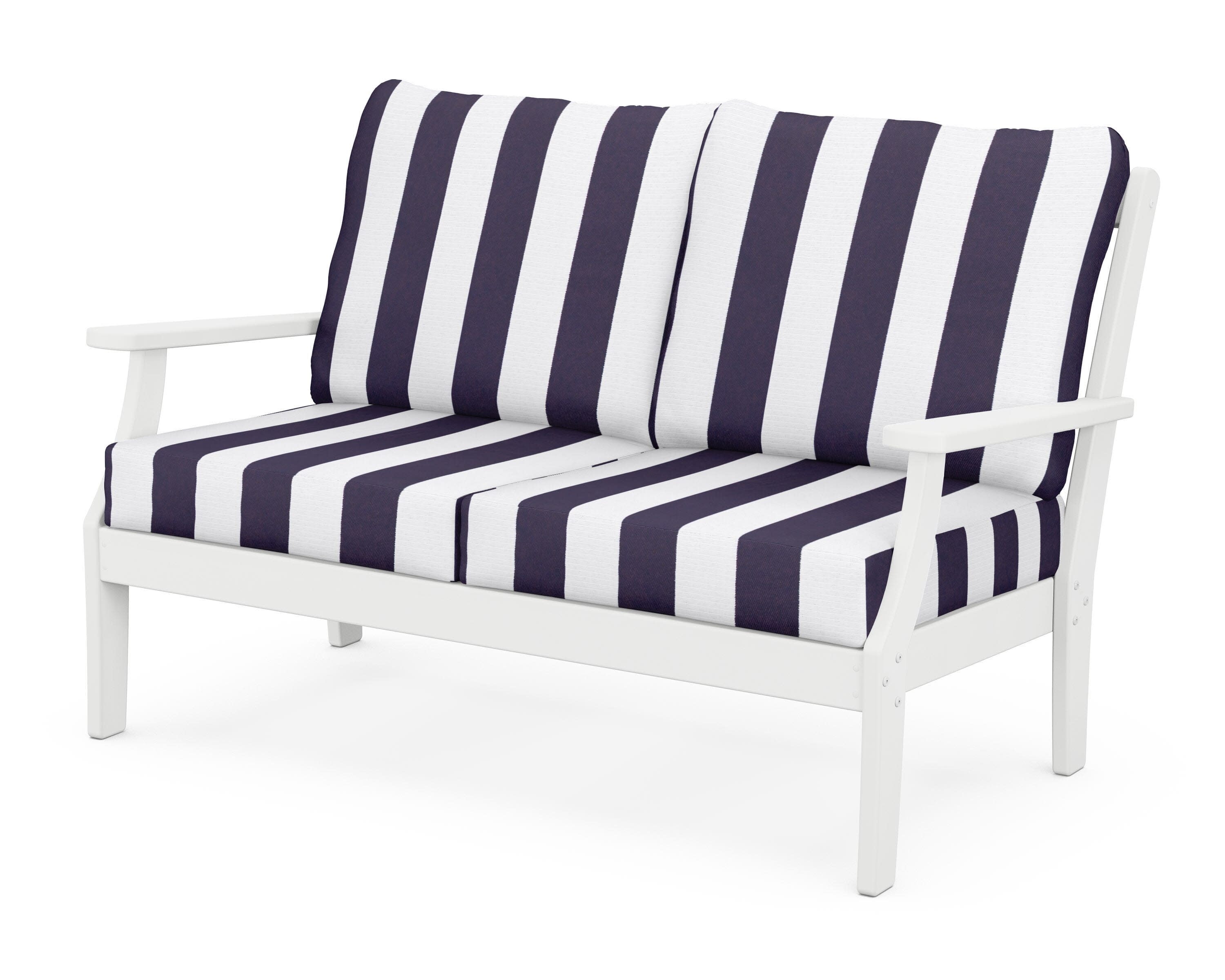 Yacht Club Deep Seating Loveseat in Classic White / Cabana Stripe Navy