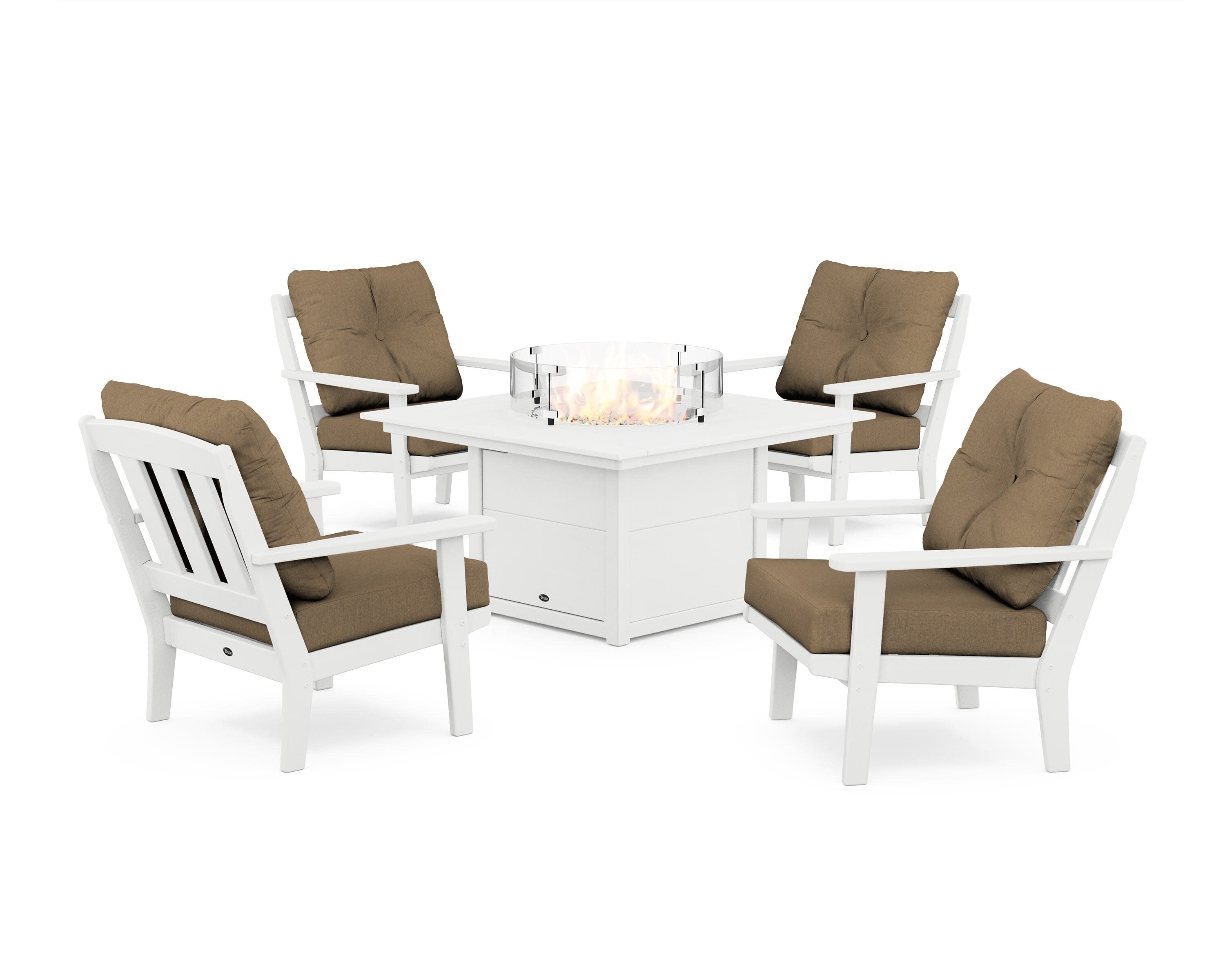 Cape Cod 5-Piece Deep Seating Set with Fire Pit Table in Classic White / Sesame