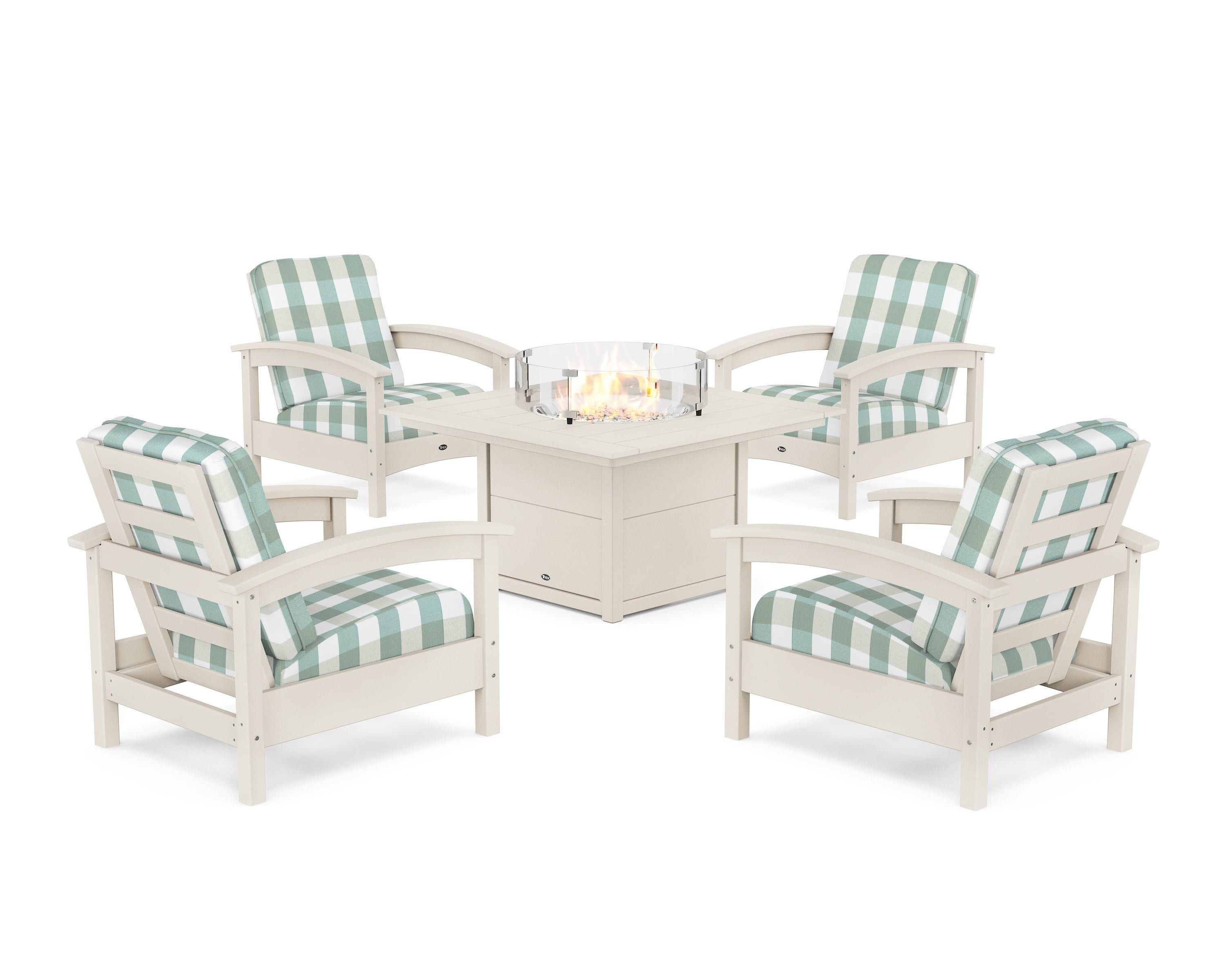 Rockport 5-Piece Deep Seating Set with Square Fire Pit Table in Sand Castle / Buffalo Plaid Glacier Spa