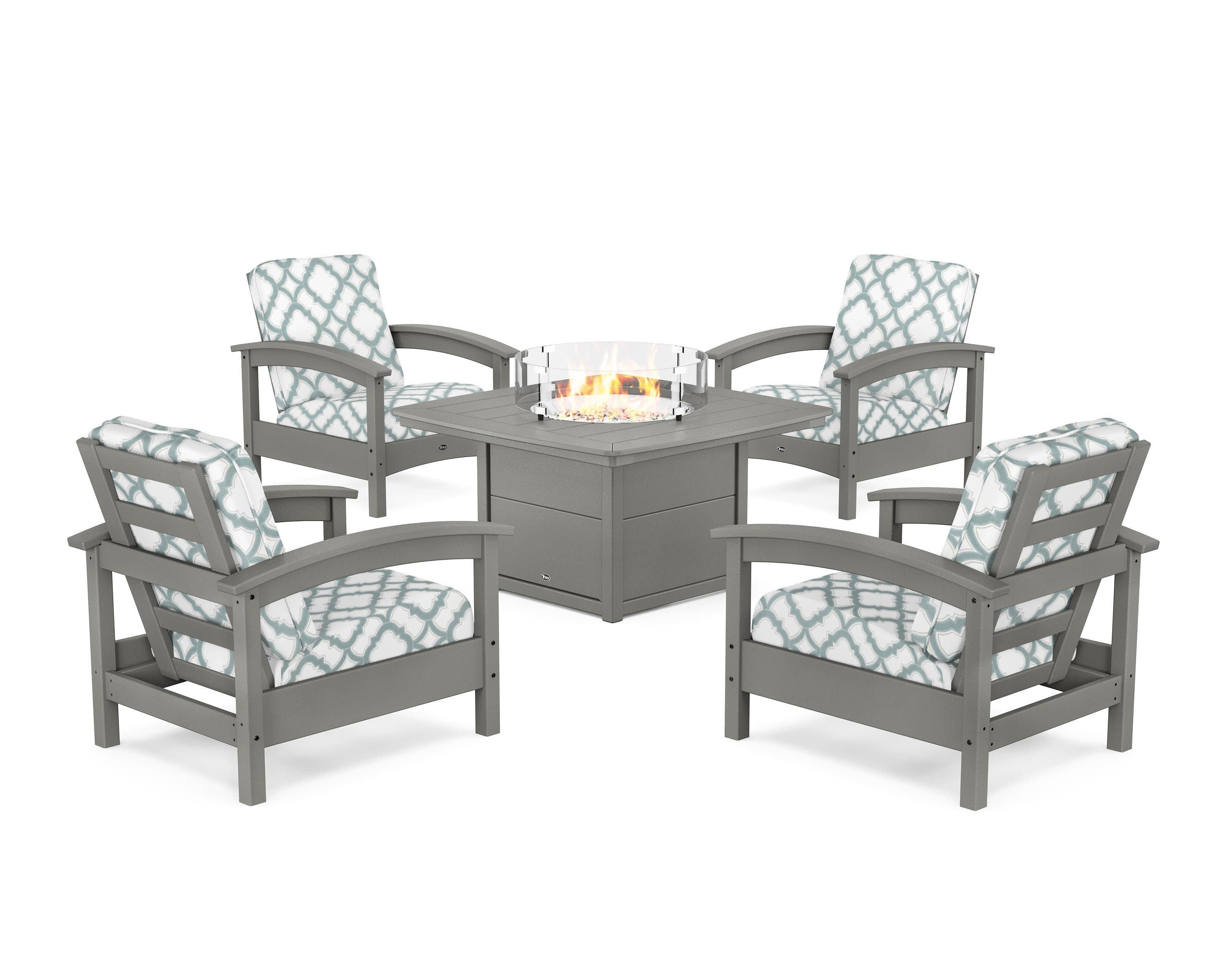Rockport 5-Piece Deep Seating Set with Yacht Club Fire Pit Table in Stepping Stone / Trellis Glacier Spa