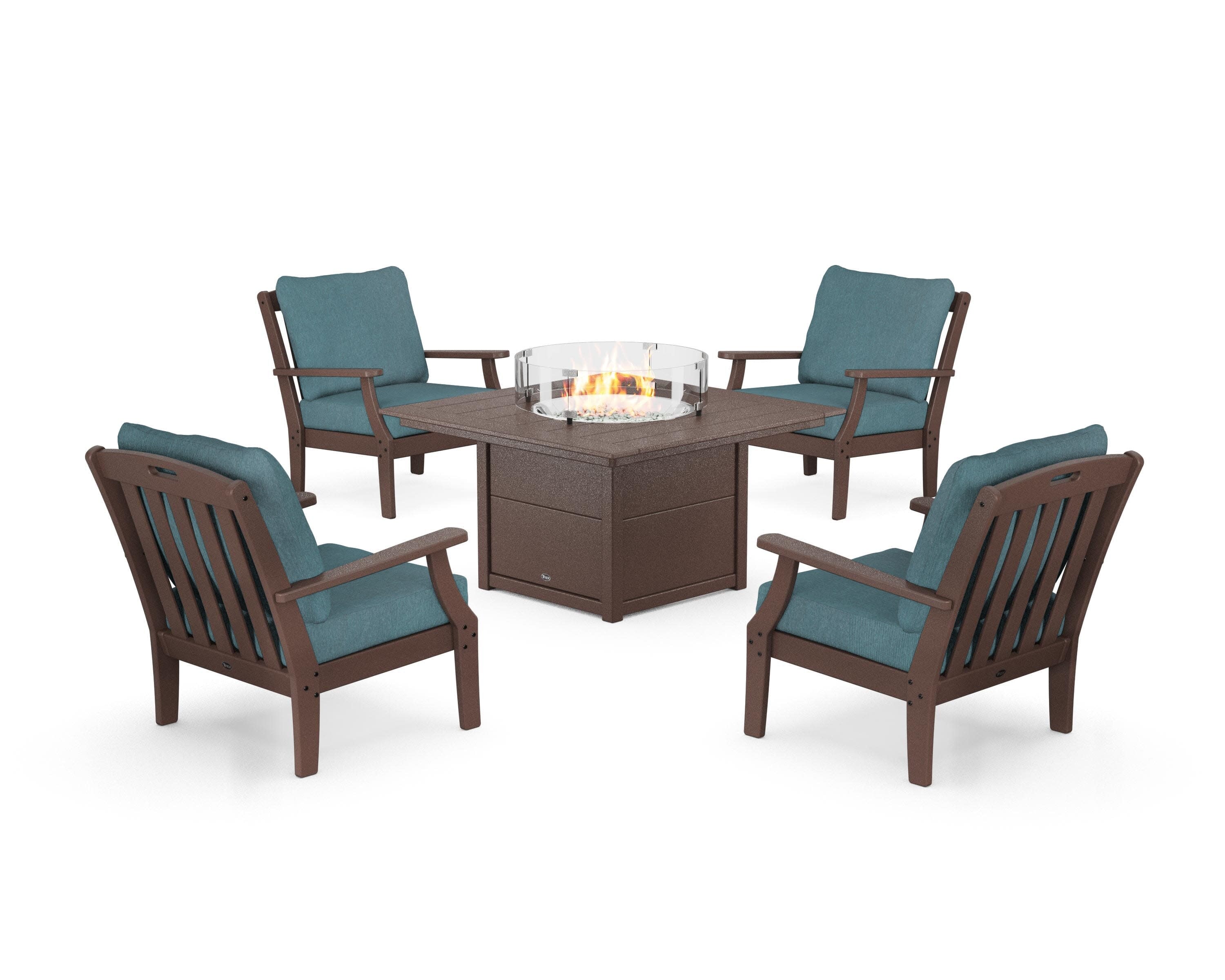 Yacht Club 5-Piece Deep Seating Set with Square Fire Pit Table in Vintage Lantern / Ocean Teal