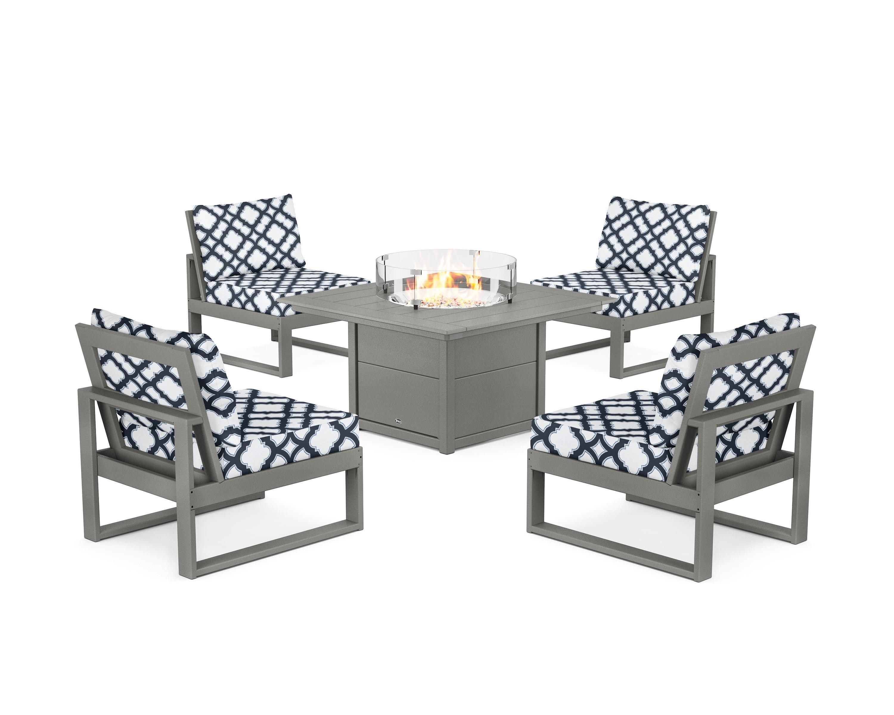 Eastport Modular 5-Piece Deep Seating Set with Square Fire Pit Table in Stepping Stone / Trellis Marine Indigo