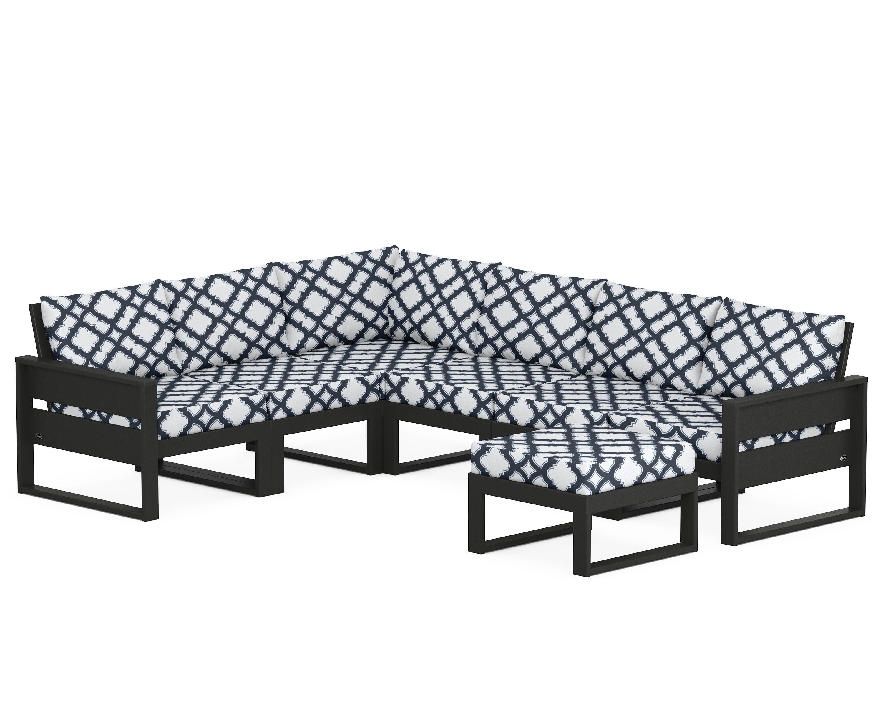 Eastport 6-Piece Sectional with Ottoman in Charcoal Black / Trellis Marine Indigo