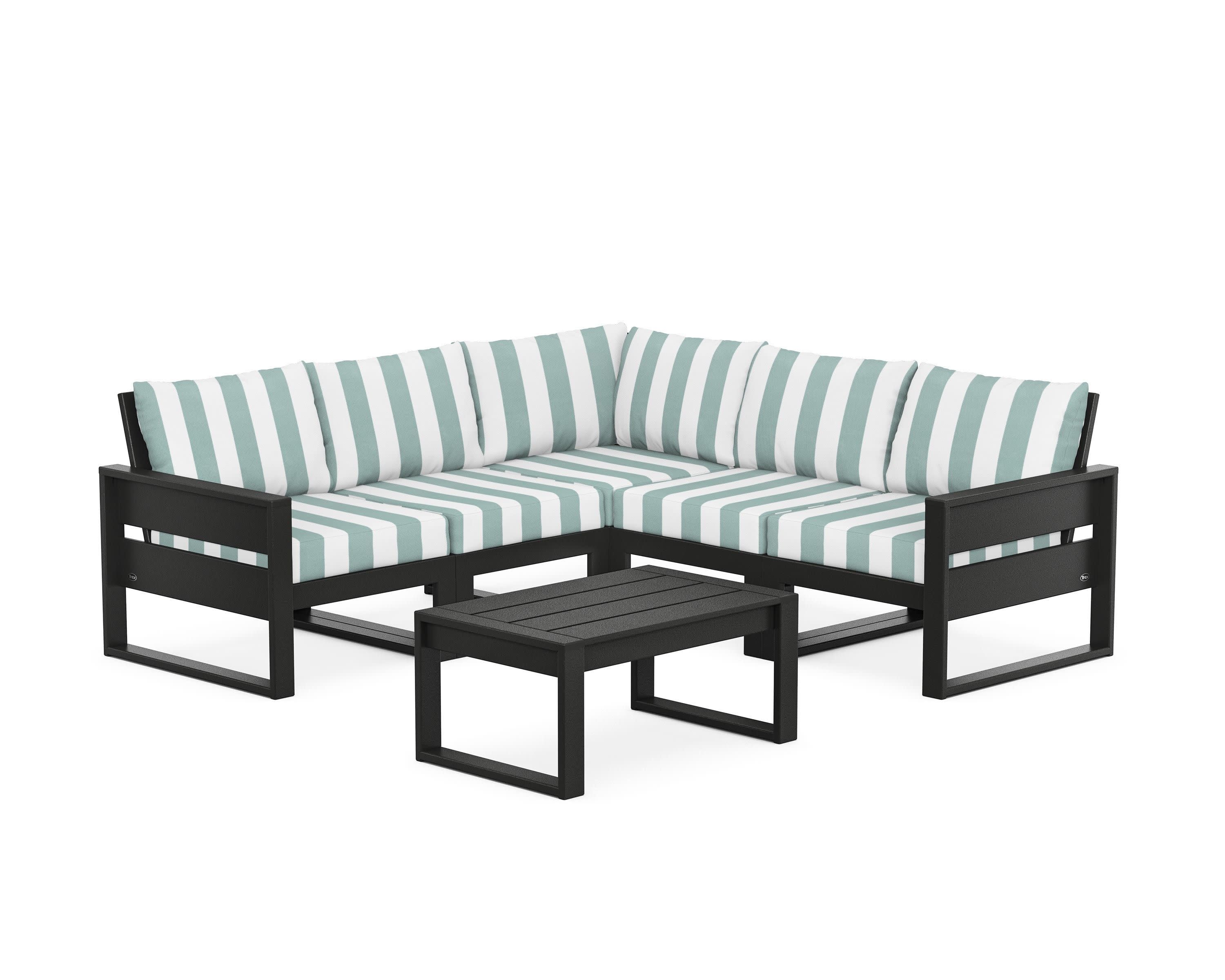 Eastport 6-Piece Deep Seating Sectional + Coffee Table Set in Charcoal Black / Cabana Stripe Glacier Spa