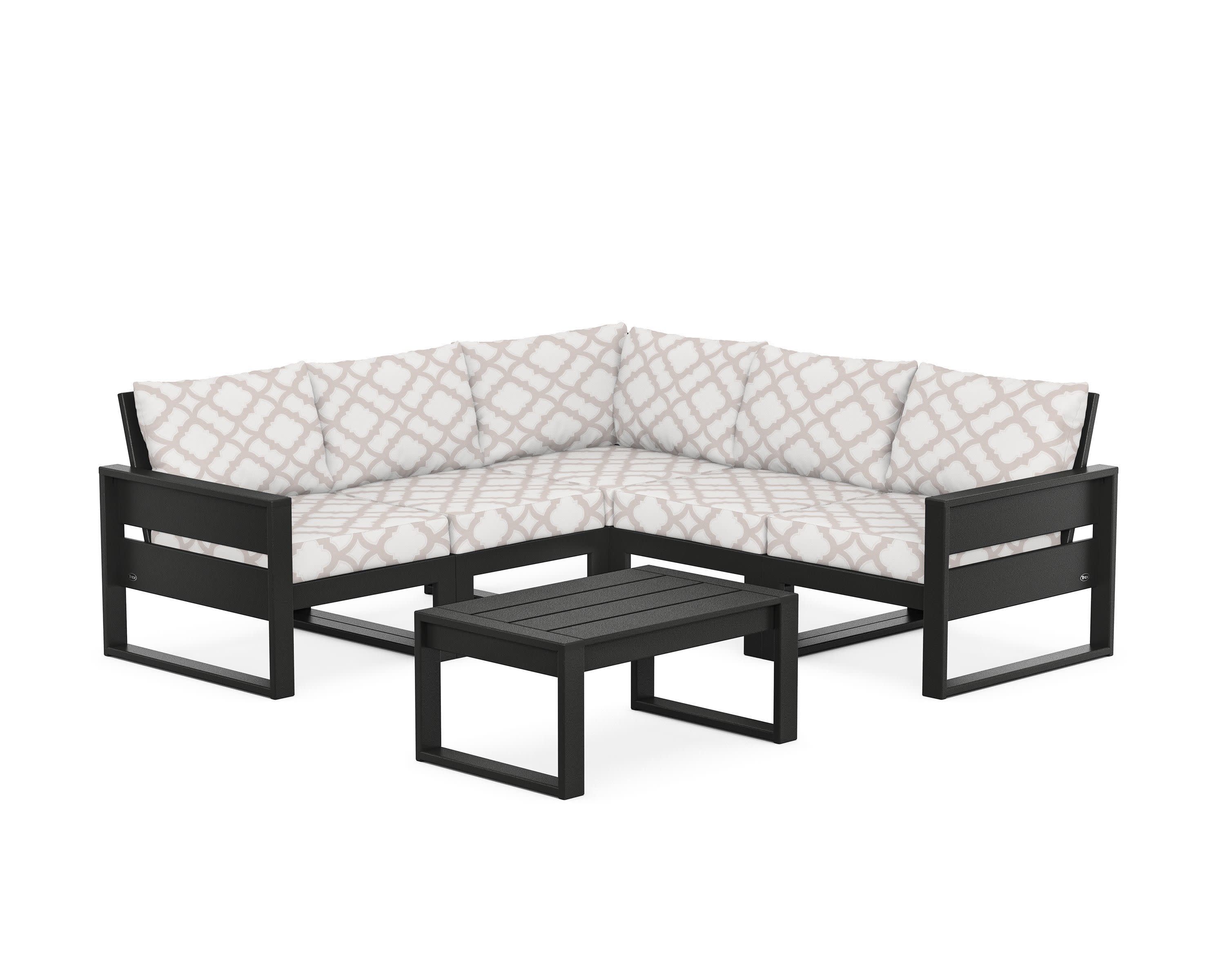 Eastport 6-Piece Deep Seating Sectional + Coffee Table Set in Charcoal Black / Trellis Dune Burlap