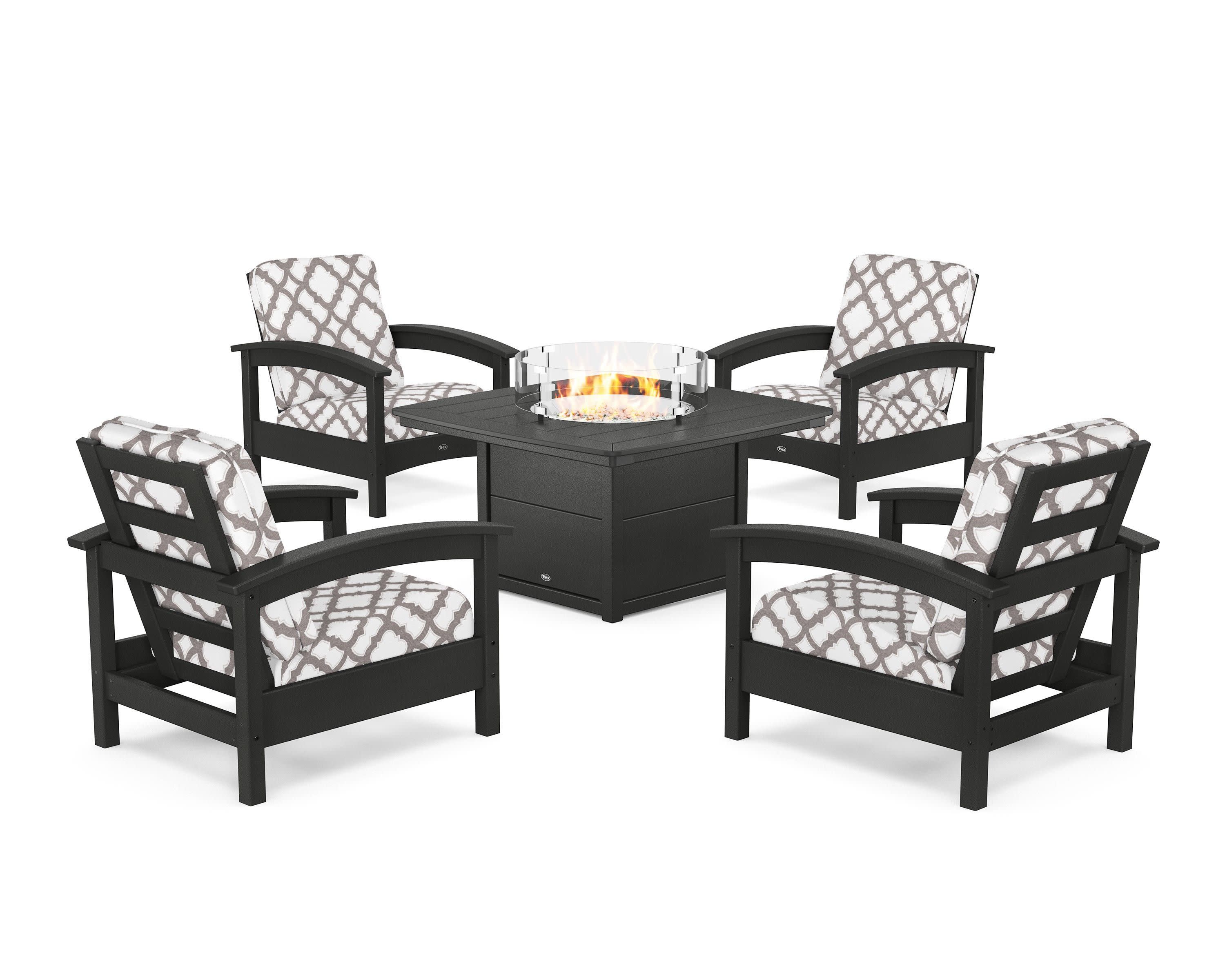 Rockport 5-Piece Deep Seating Set with Yacht Club Fire Pit Table in Charcoal Black / Trellis Grey Mist