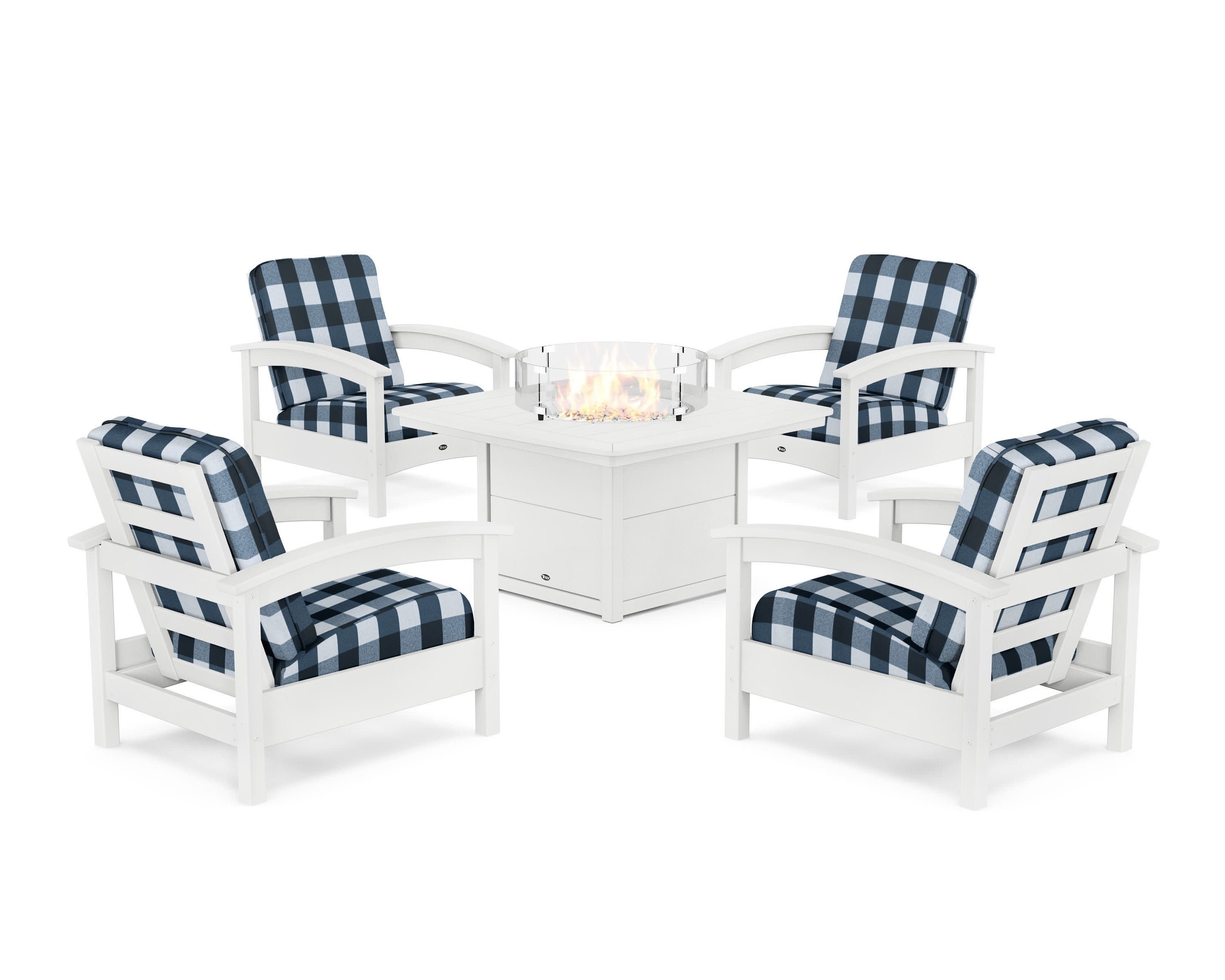 Rockport 5-Piece Deep Seating Set with Yacht Club Fire Pit Table in Classic White / Buffalo Plaid Marine Indigo