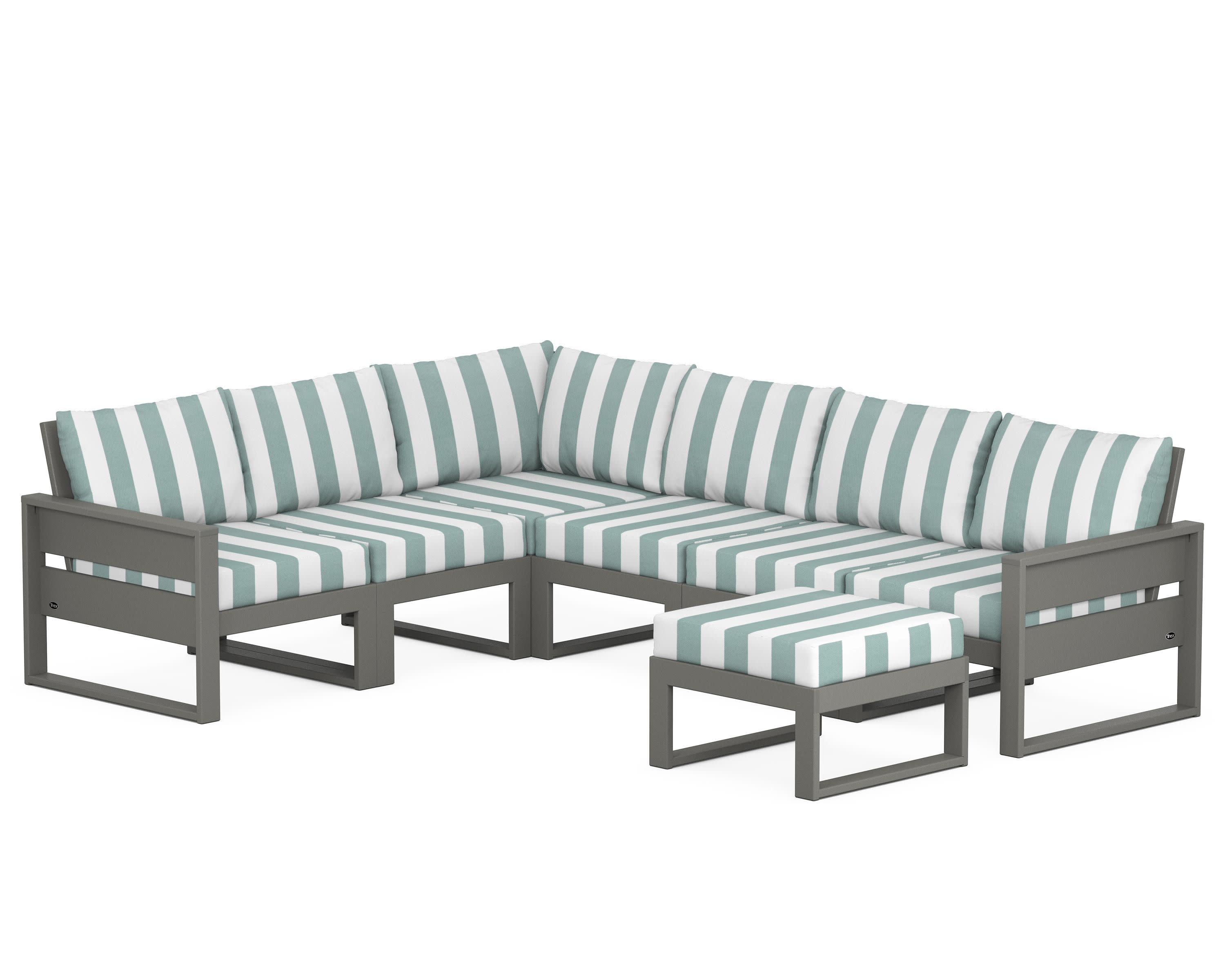 Eastport 6-Piece Sectional with Ottoman in Stepping Stone / Cabana Stripe Glacier Spa