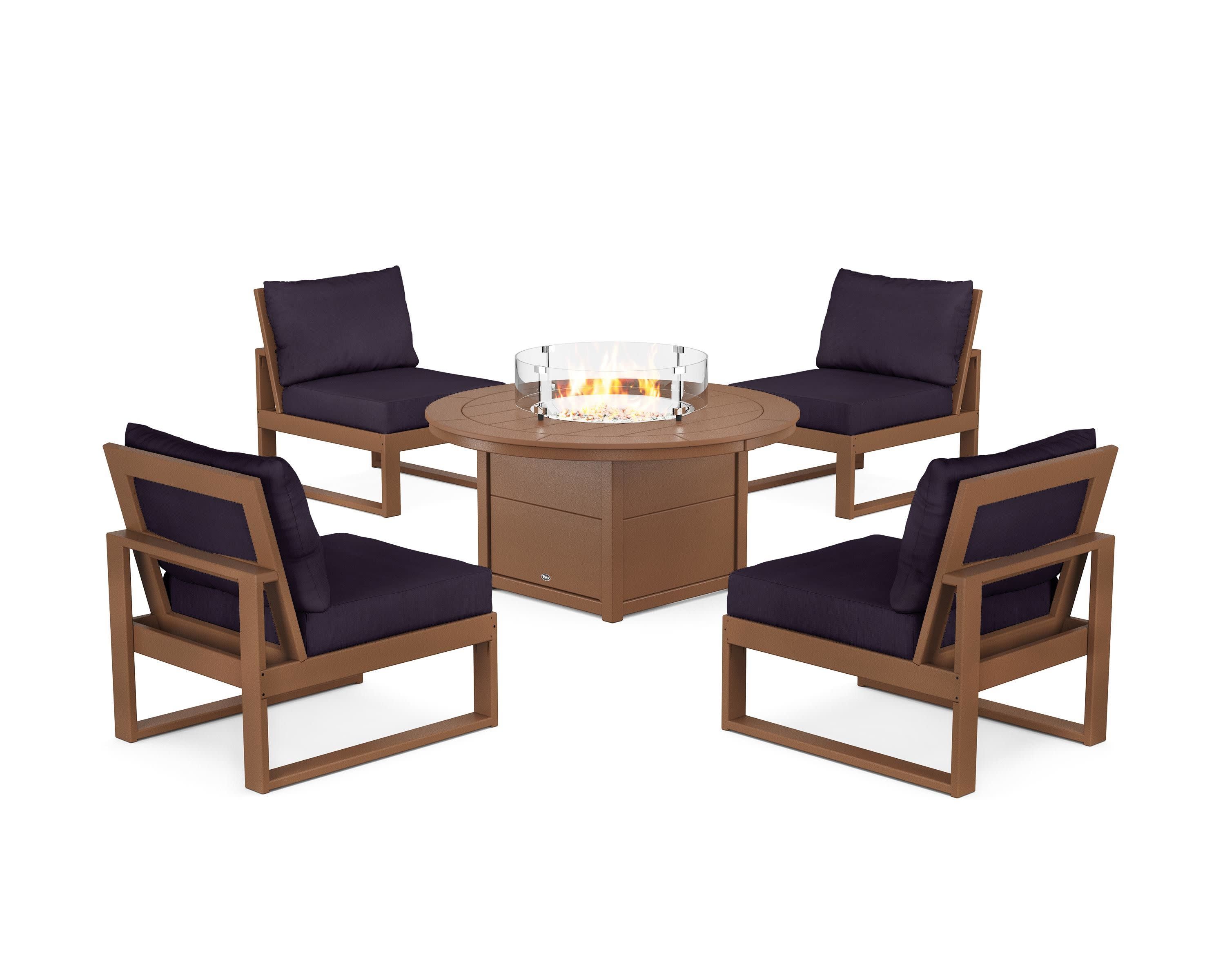 Eastport Modular 5-Piece Deep Seating Set with Round Fire Pit Table in Tree House / Navy Linen