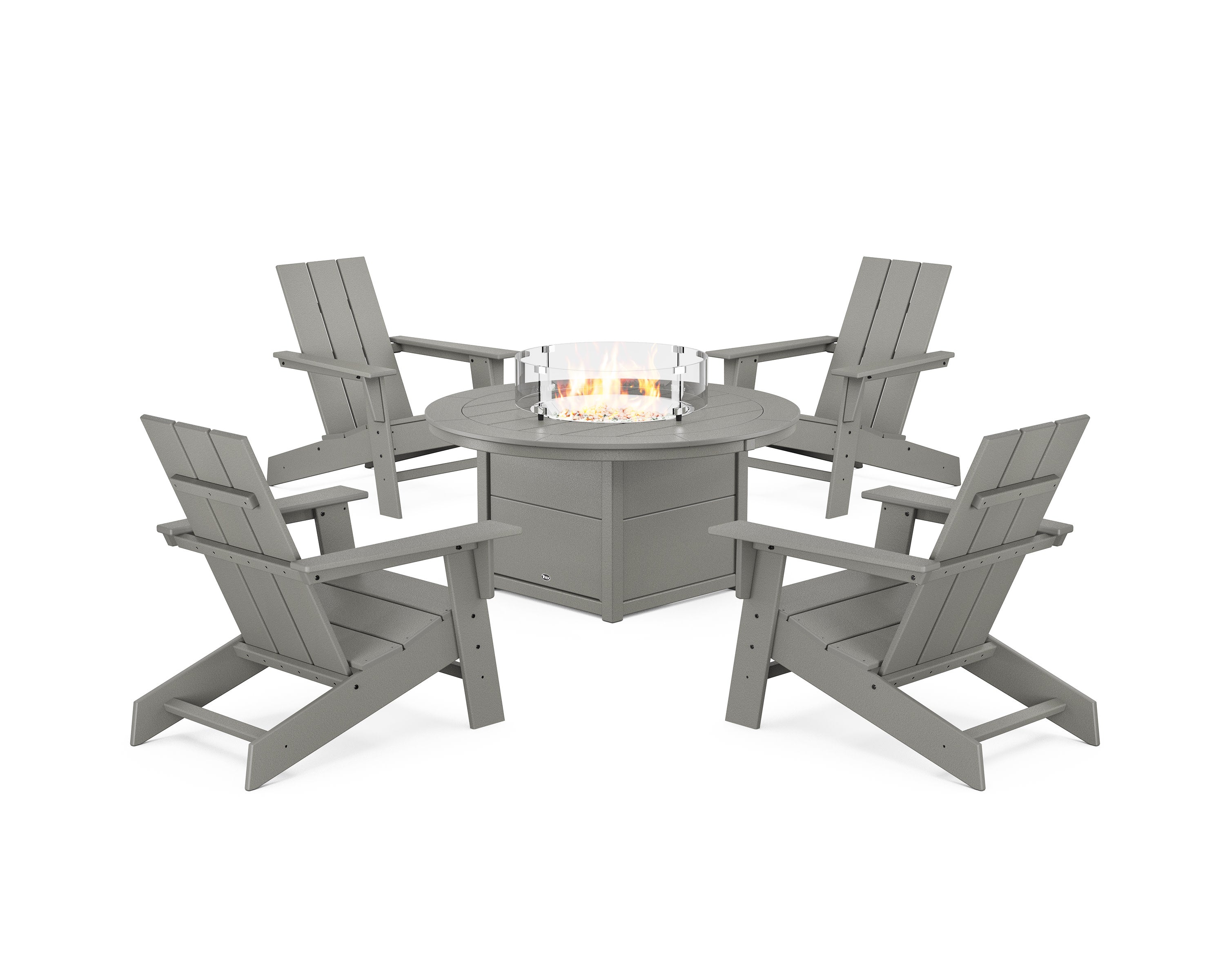 Eastport Modern Adirondack 5-Piece Set with Round Fire Pit Table in Stepping Stone