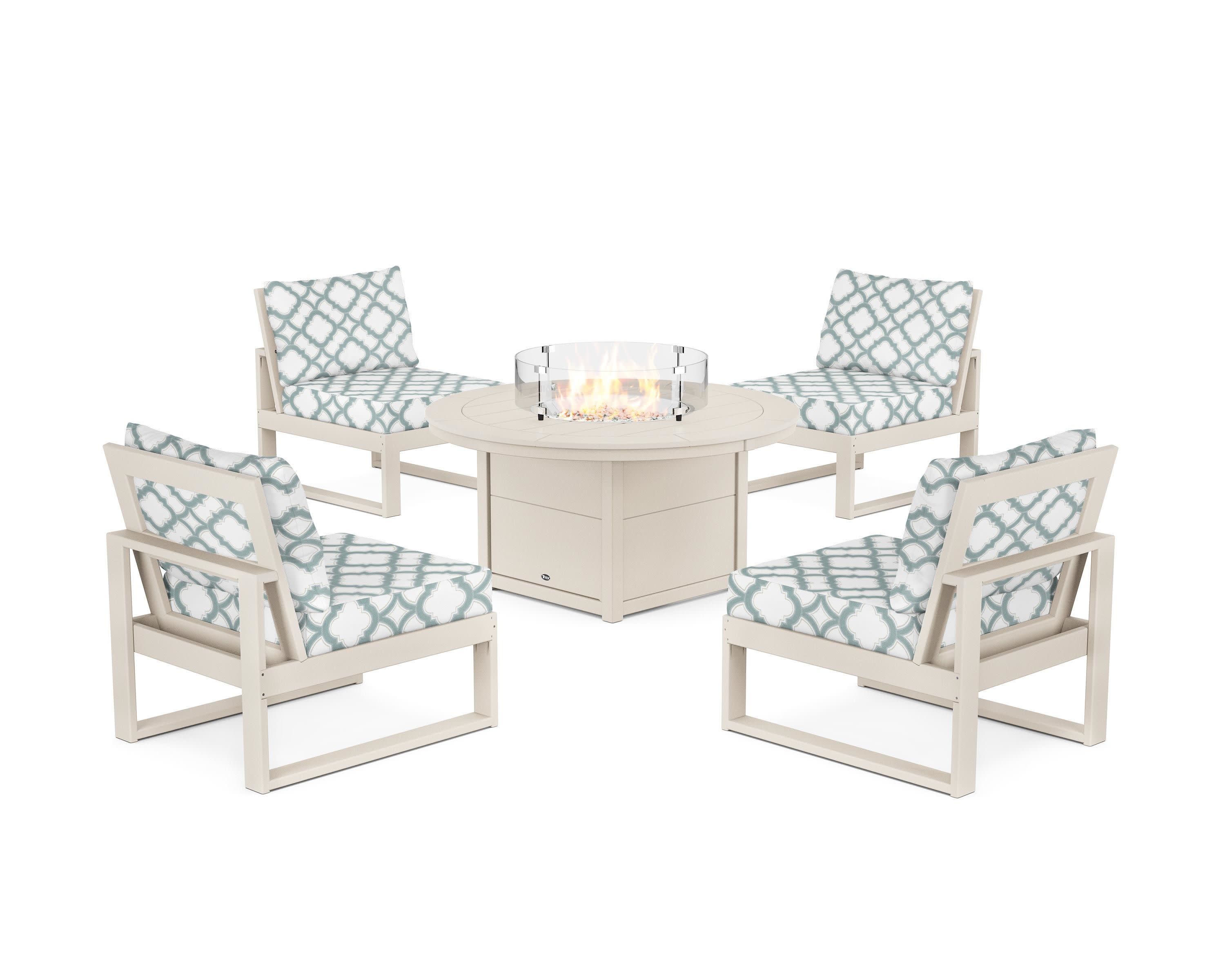 Eastport Modular 5-Piece Deep Seating Set with Round Fire Pit Table in Sand Castle / Trellis Glacier Spa