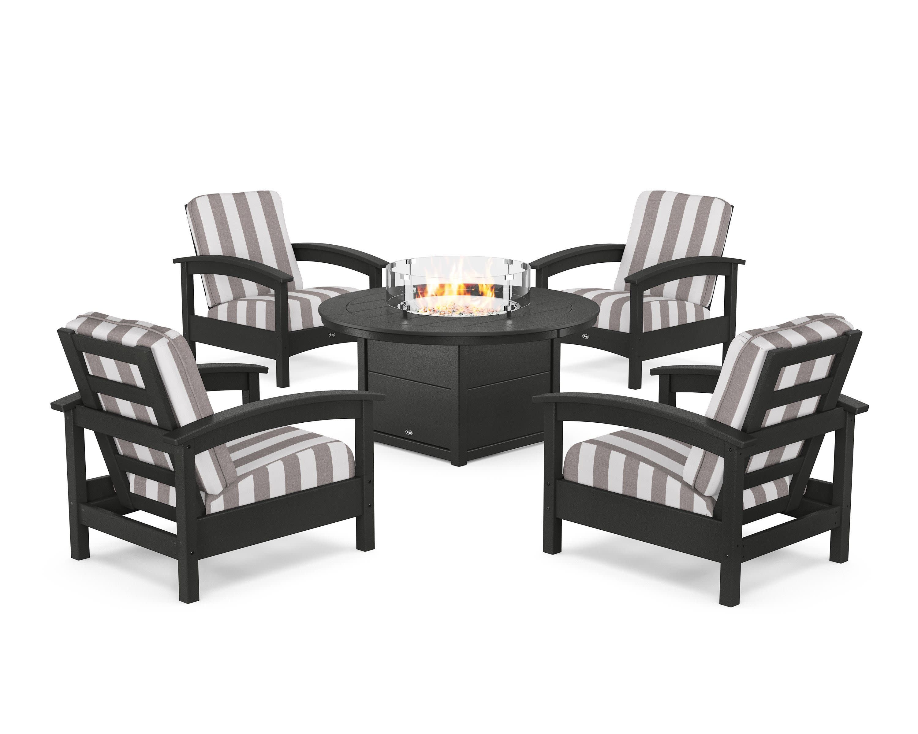 Rockport 5-Piece Deep Seating Set with Round Fire Pit Table in Charcoal Black / Cabana Stripe Grey Mist