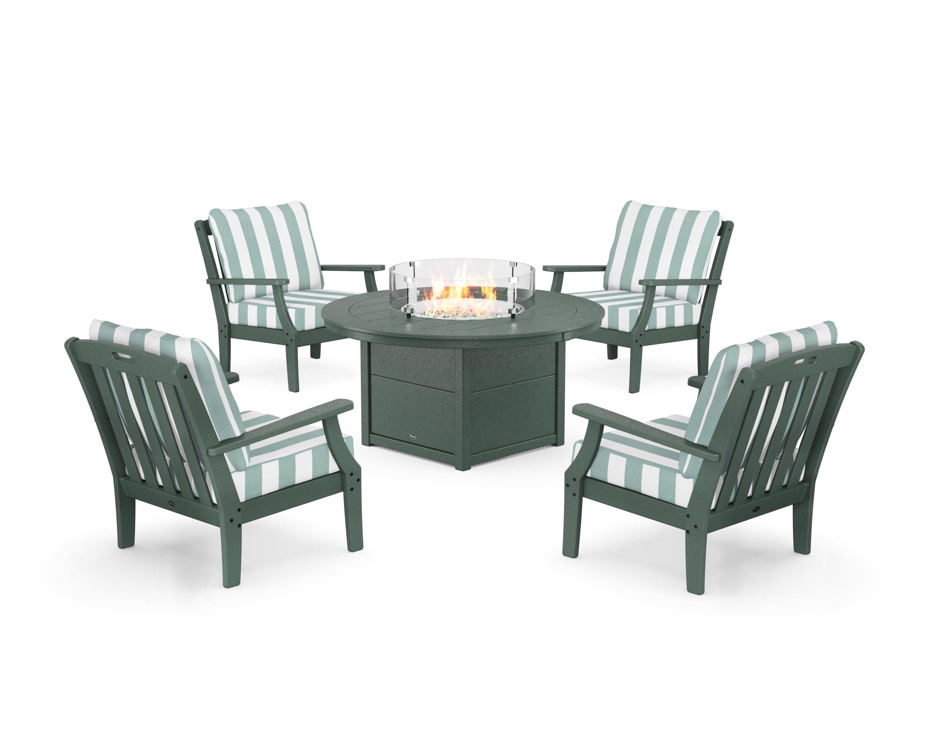 Yacht Club 5-Piece Deep Seating Set with Round Fire Pit Table in Rainforest Canopy / Cabana Stripe Glacier Spa