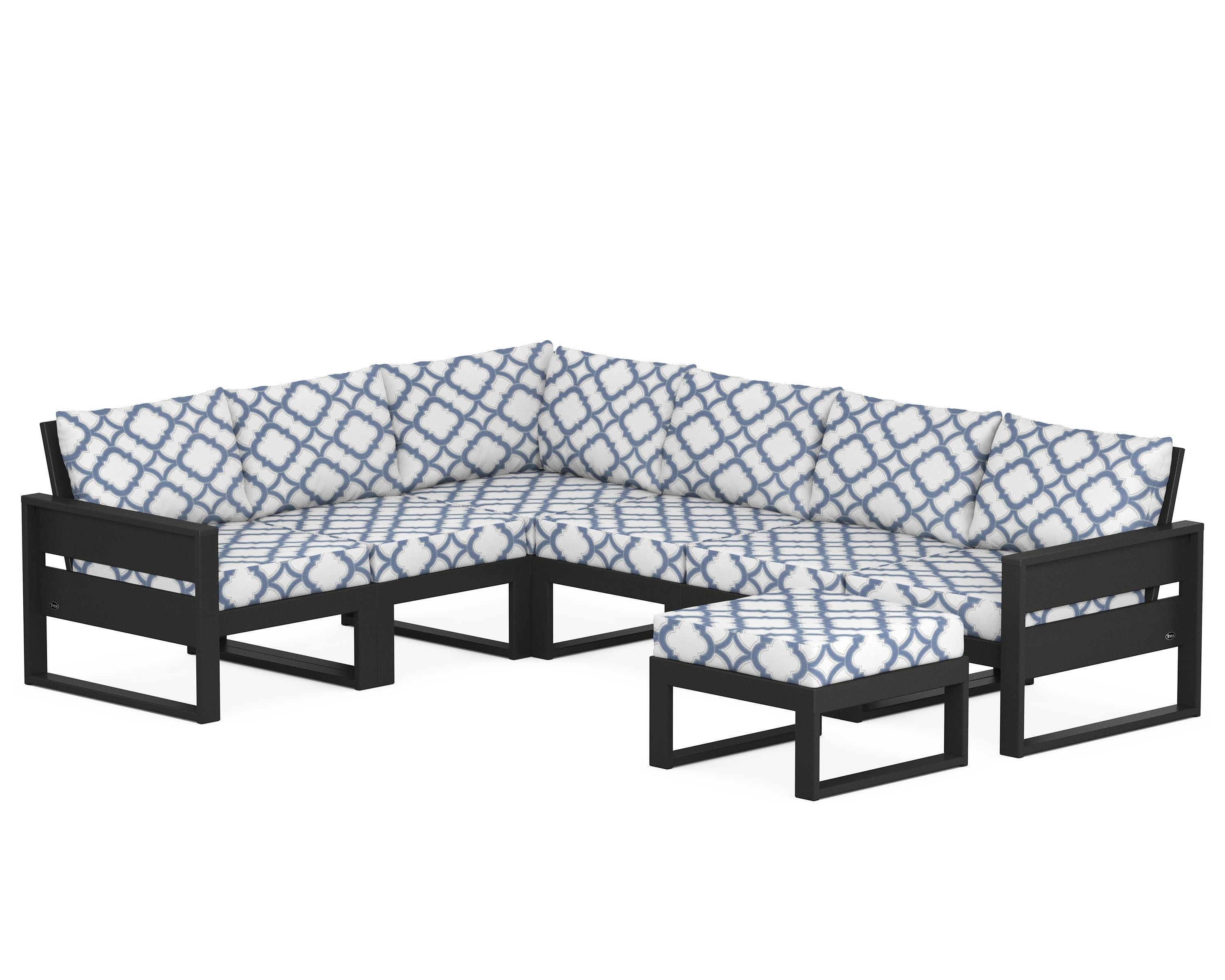 Eastport 6-Piece Sectional with Ottoman in Charcoal Black / Trellis Sky Blue