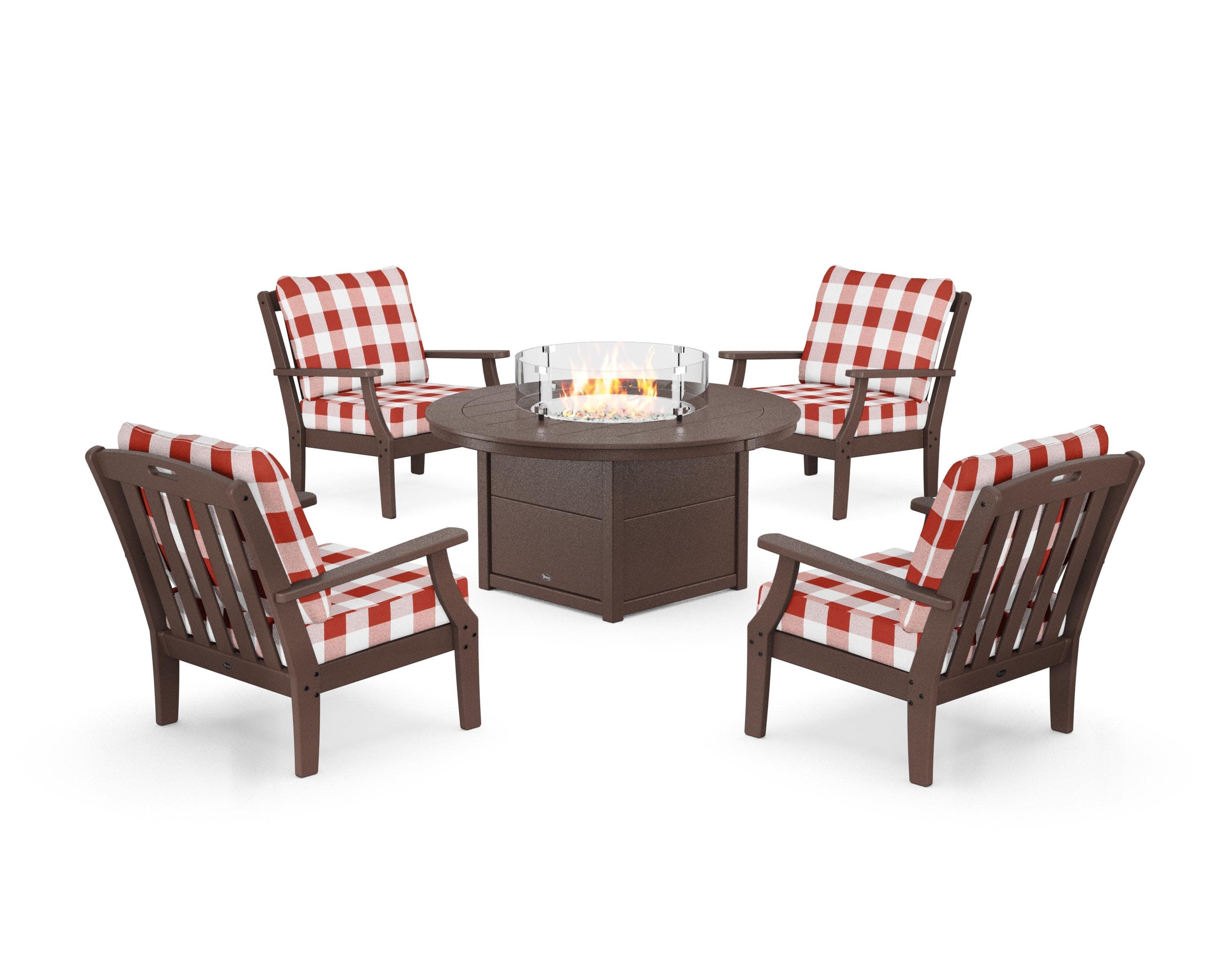 Yacht Club 5-Piece Deep Seating Set with Round Fire Pit Table in Vintage Lantern / Buffalo Plaid Crimson