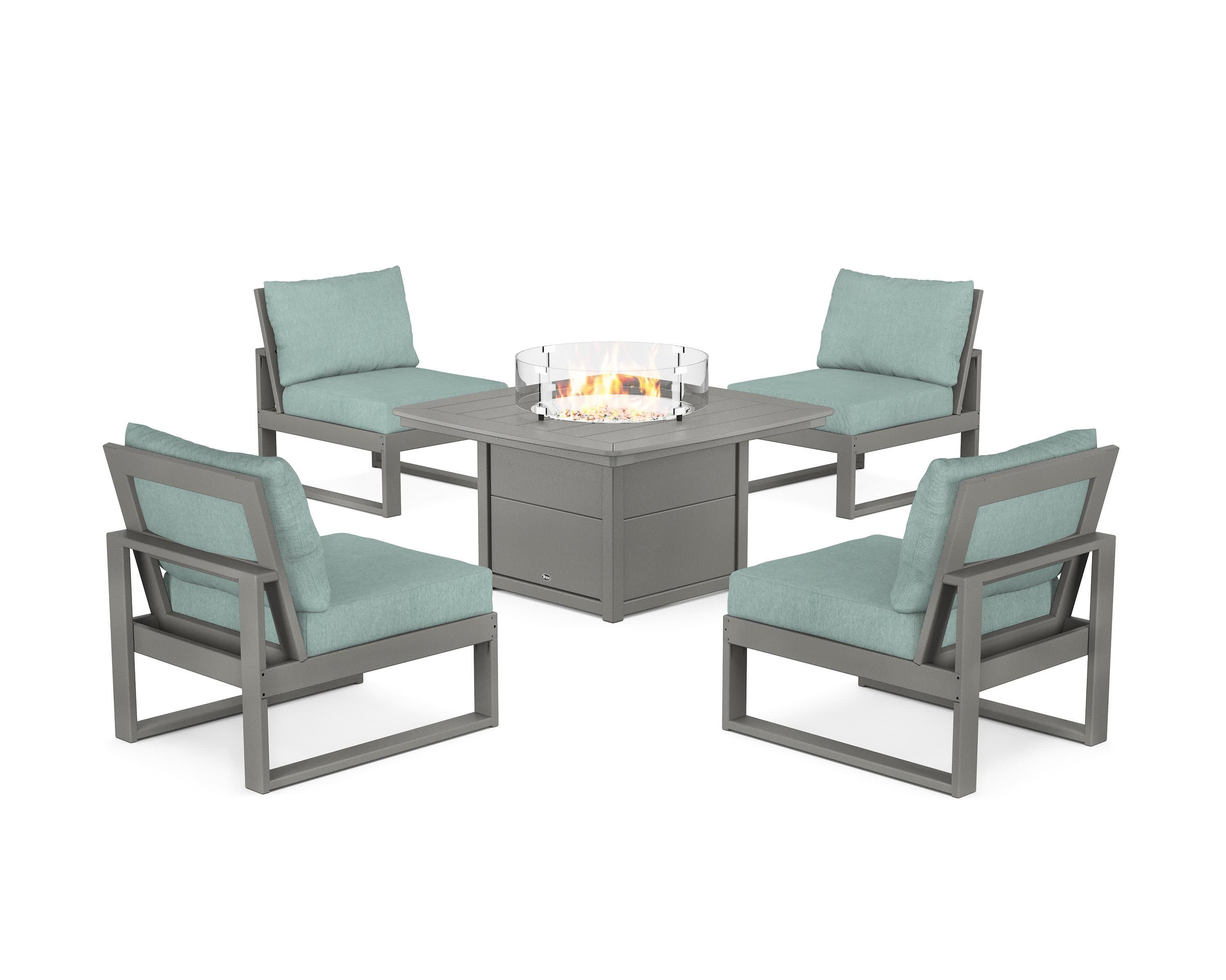 Eastport Modular 5-Piece Deep Seating Set with Yacht Club Fire Pit Table in Stepping Stone / Glacier Spa