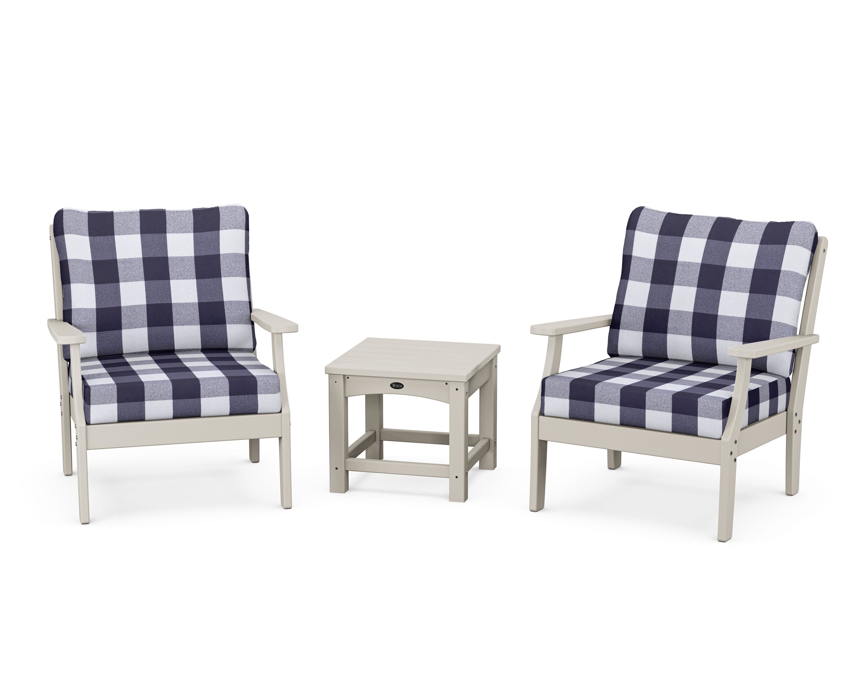 Yacht Club 3-Piece Deep Seating Set in Sand Castle / Buffalo Plaid Navy
