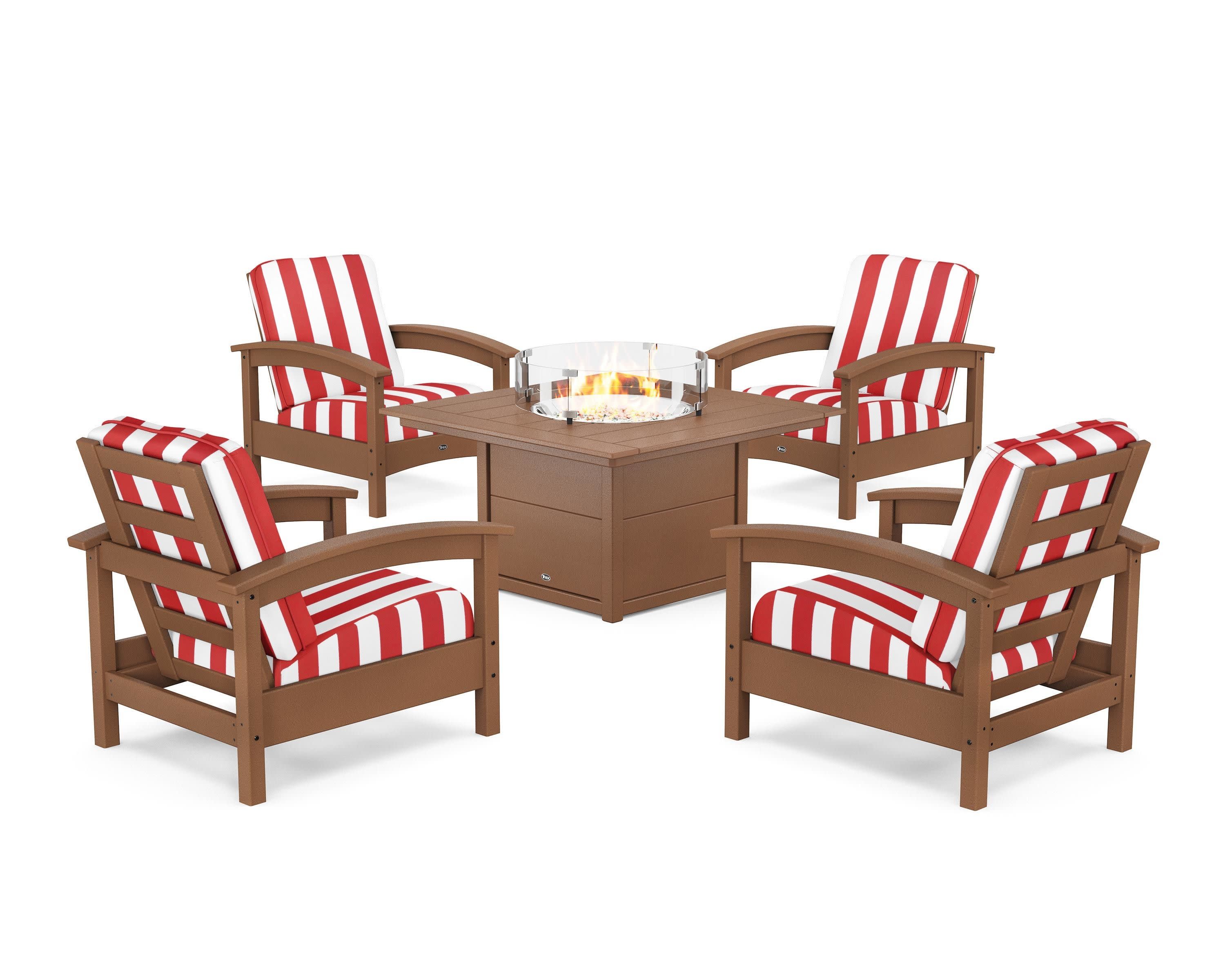 Rockport 5-Piece Deep Seating Set with Square Fire Pit Table in Tree House / Cabana Stripe Crimson
