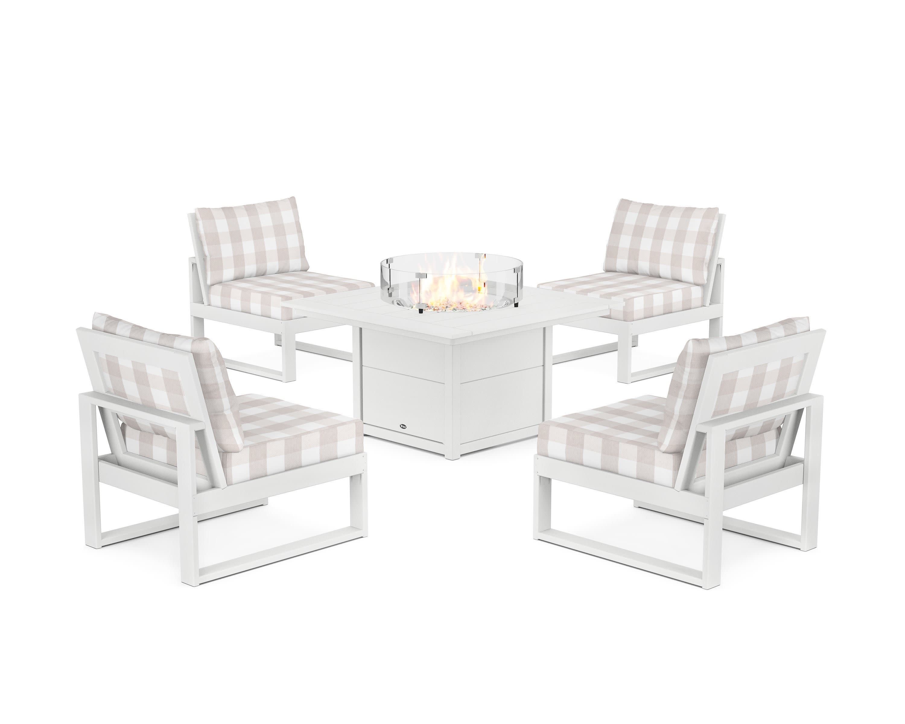 Eastport Modular 5-Piece Deep Seating Set with Square Fire Pit Table in Classic White / Buffalo Plaid Dune Burlap