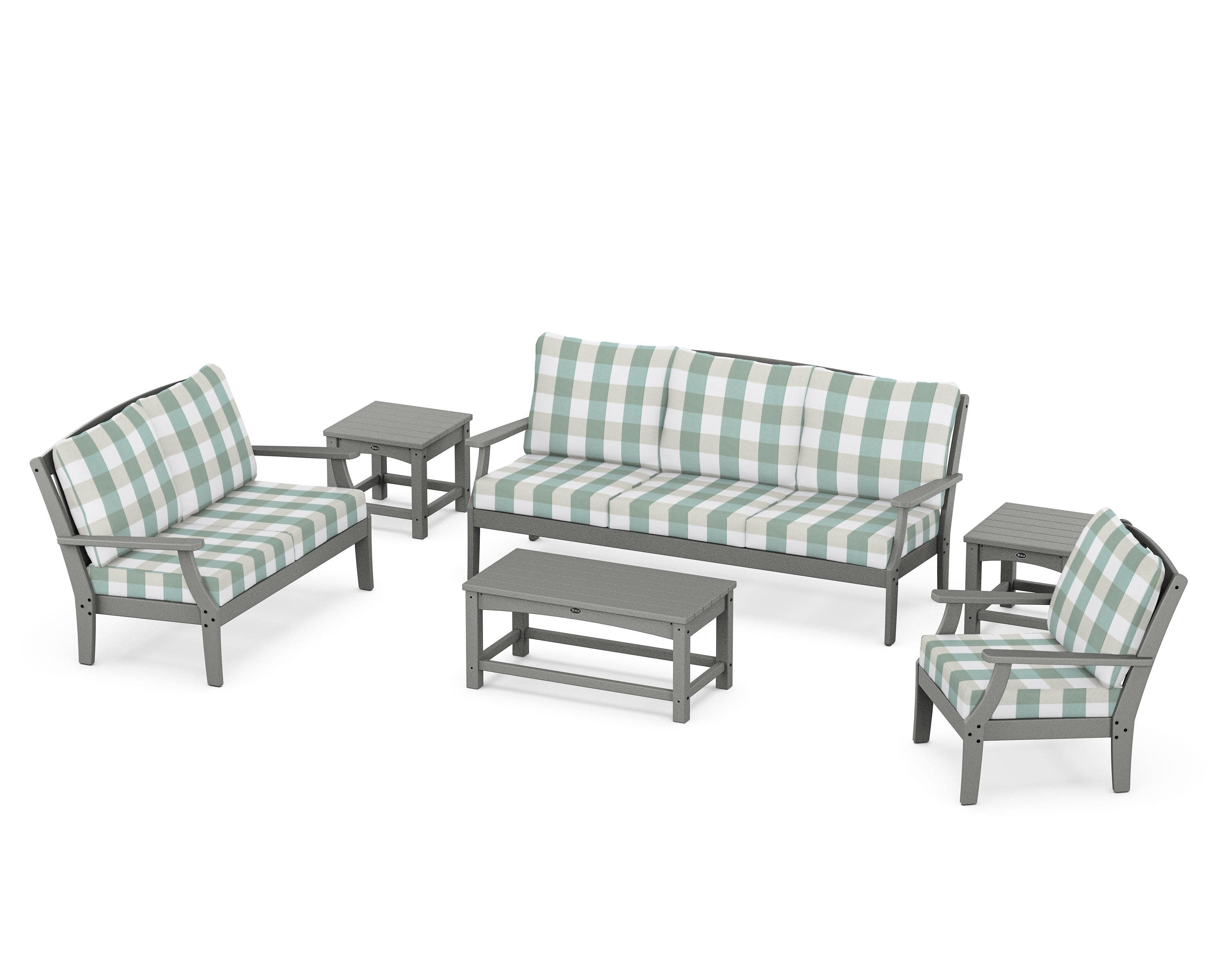 Yacht Club 6-Piece Deep Seating Set in Stepping Stone / Buffalo Plaid Glacier Spa