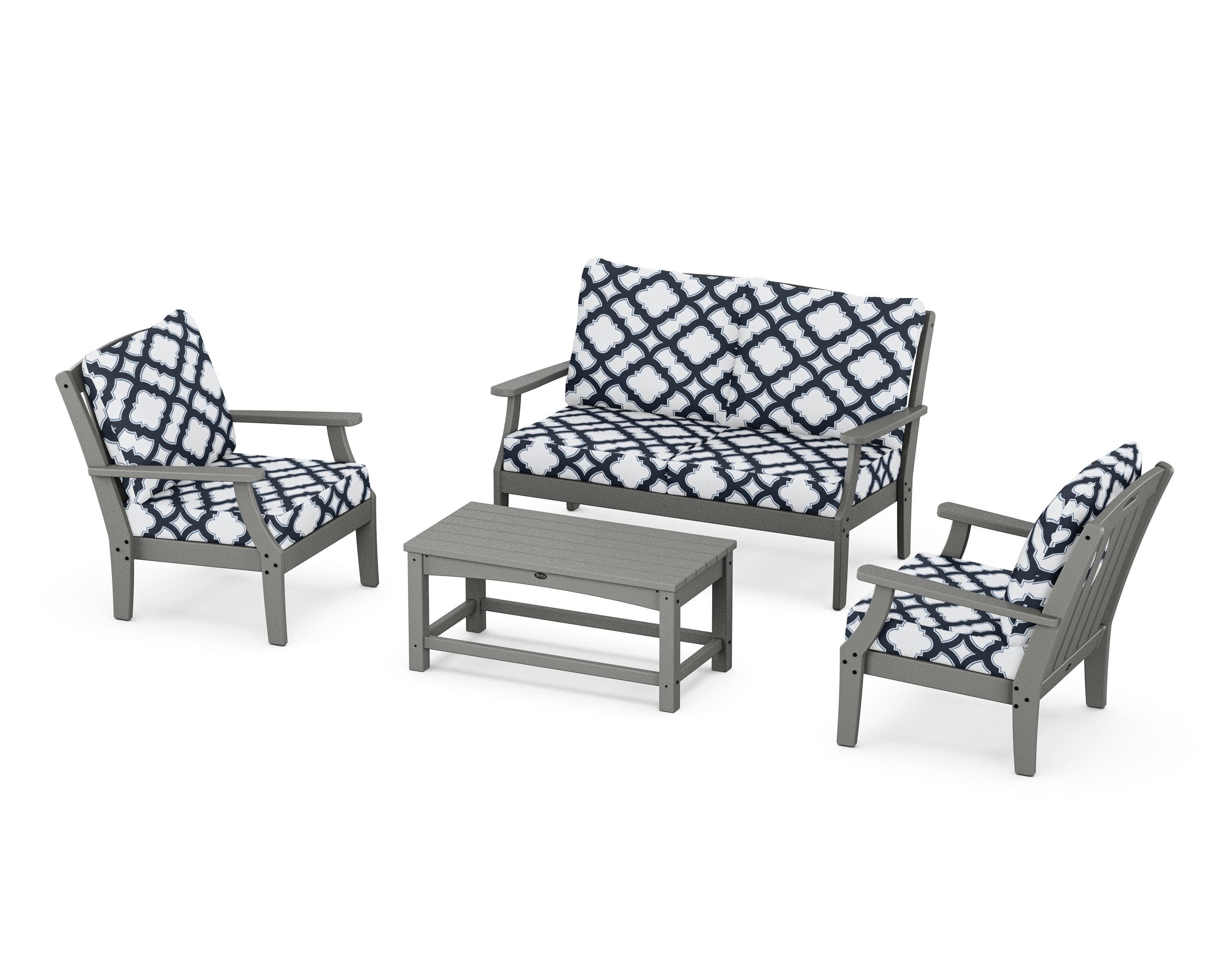 Yacht Club 4-Piece Deep Seating Chair Set in Stepping Stone / Trellis Marine Indigo