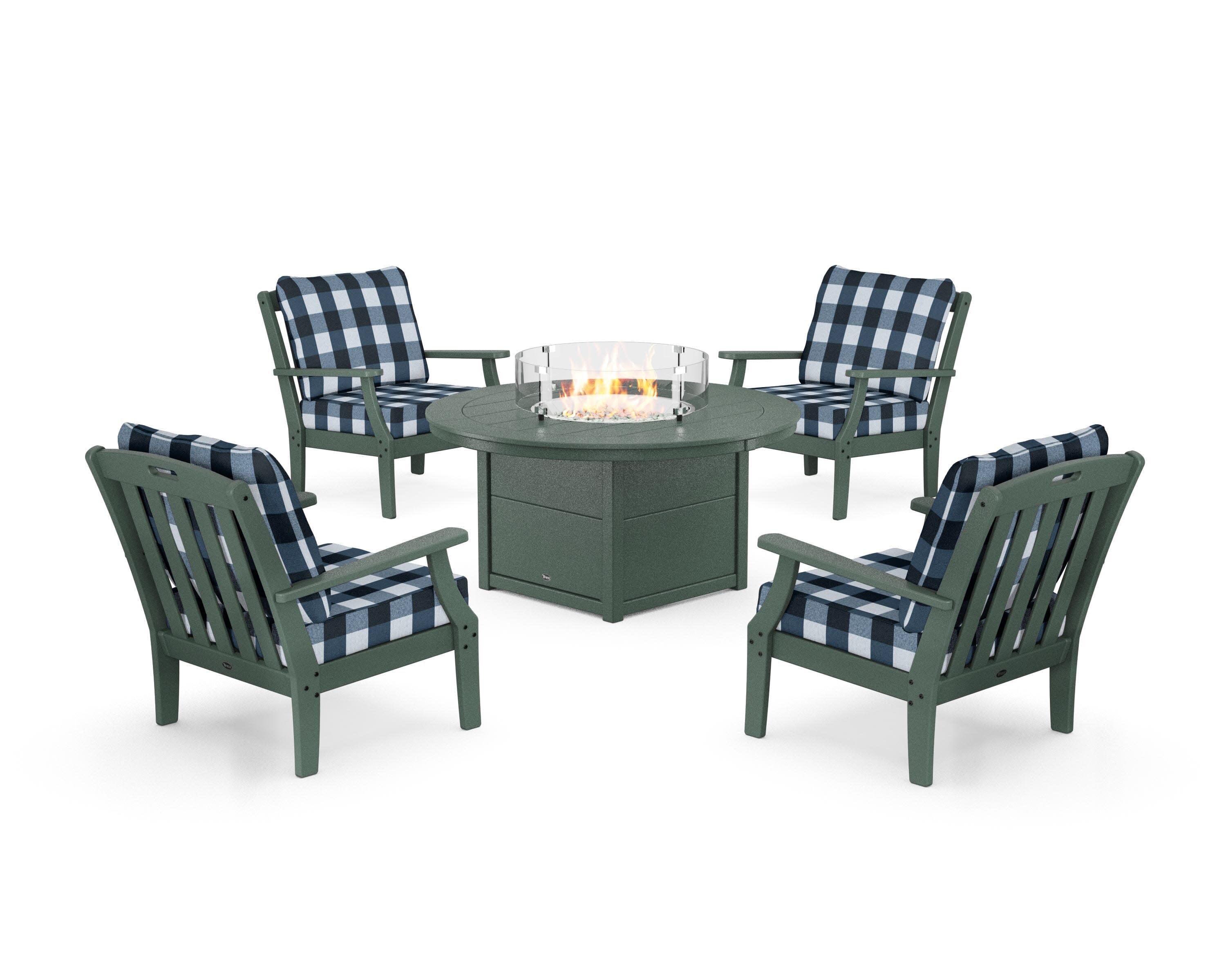 Yacht Club 5-Piece Deep Seating Set with Round Fire Pit Table in Rainforest Canopy / Buffalo Plaid Marine Indigo