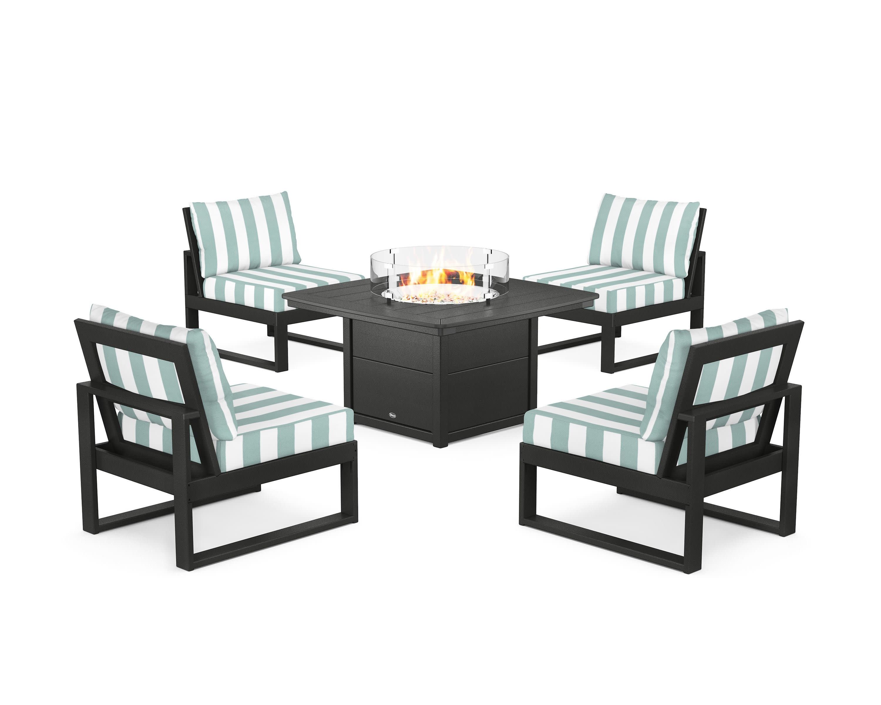 Eastport Modular 5-Piece Deep Seating Set with Yacht Club Fire Pit Table in Charcoal Black / Cabana Stripe Glacier Spa