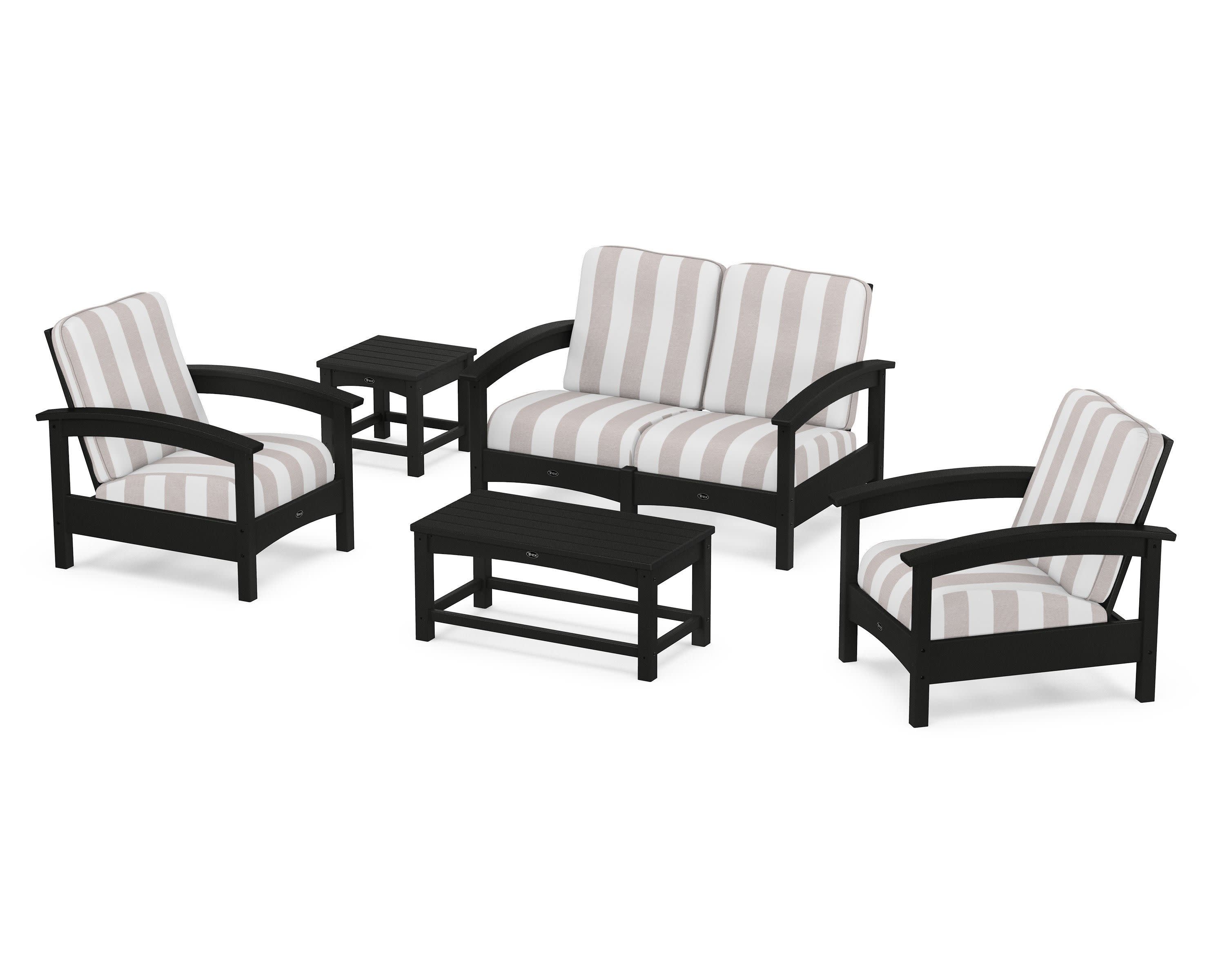 Rockport Club 6-Piece Deep Seating Conversation Set in Charcoal Black / Cabana Stripe Dune Burlap