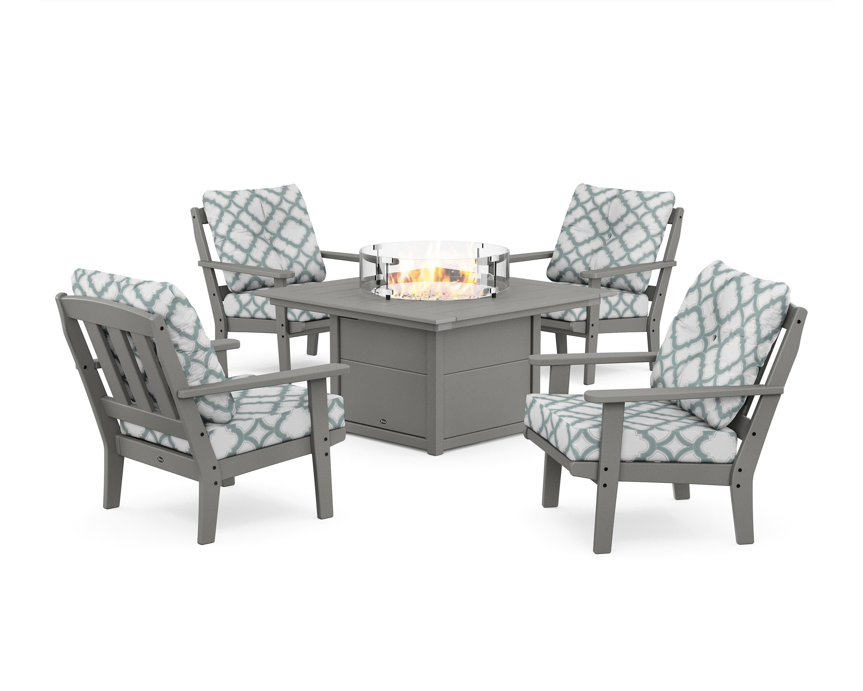 Cape Cod 5-Piece Deep Seating Set with Fire Pit Table in Stepping Stone / Trellis Glacier Spa