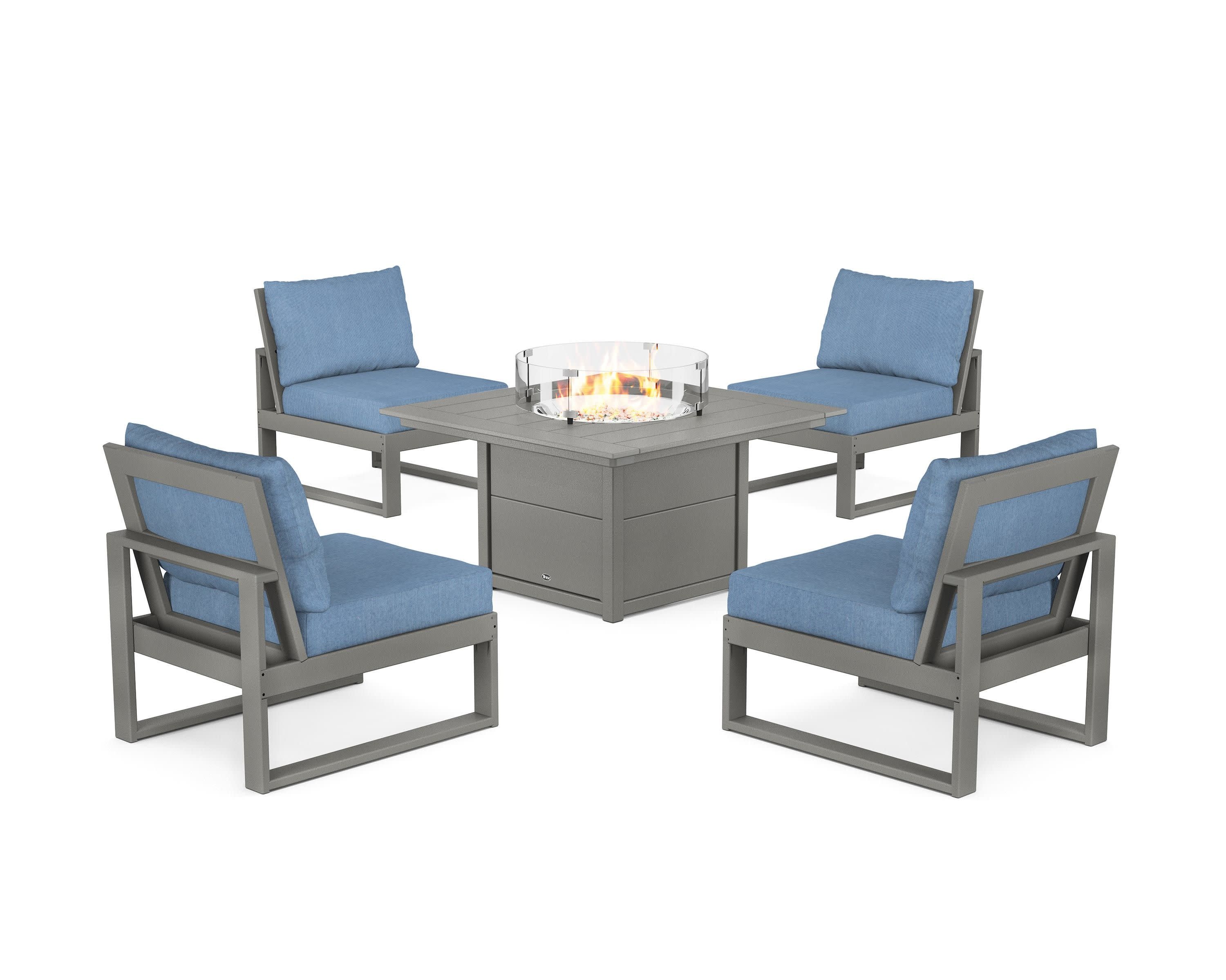 Eastport Modular 5-Piece Deep Seating Set with Square Fire Pit Table in Stepping Stone / Sky Blue