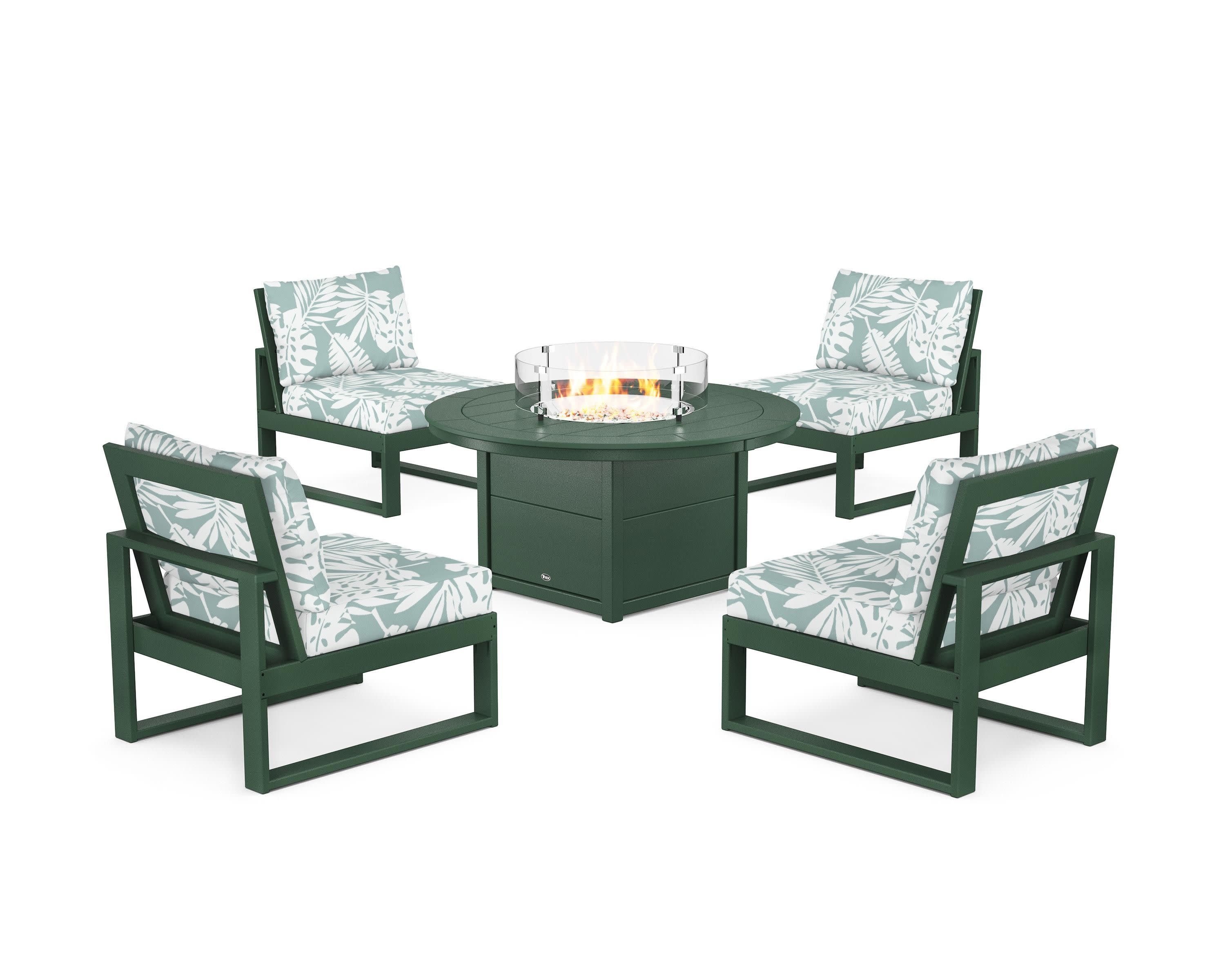 Eastport Modular 5-Piece Deep Seating Set with Round Fire Pit Table in Rainforest Canopy / Leaf Glacier Spa