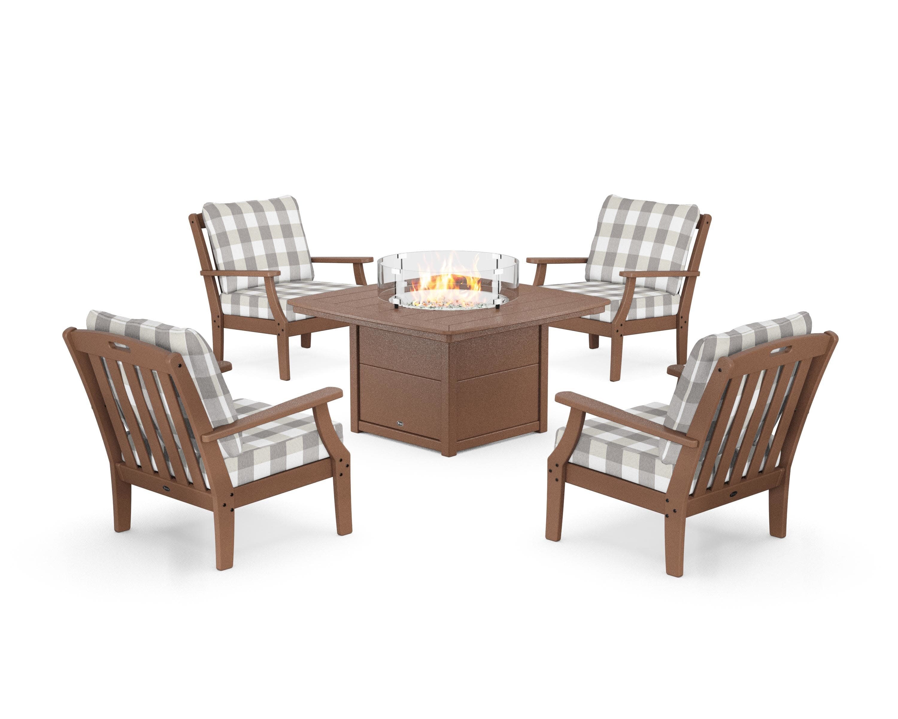 Yacht Club 5-Piece Deep Seating Set with Fire Pit Table in Tree House / Buffalo Plaid Grey Mist