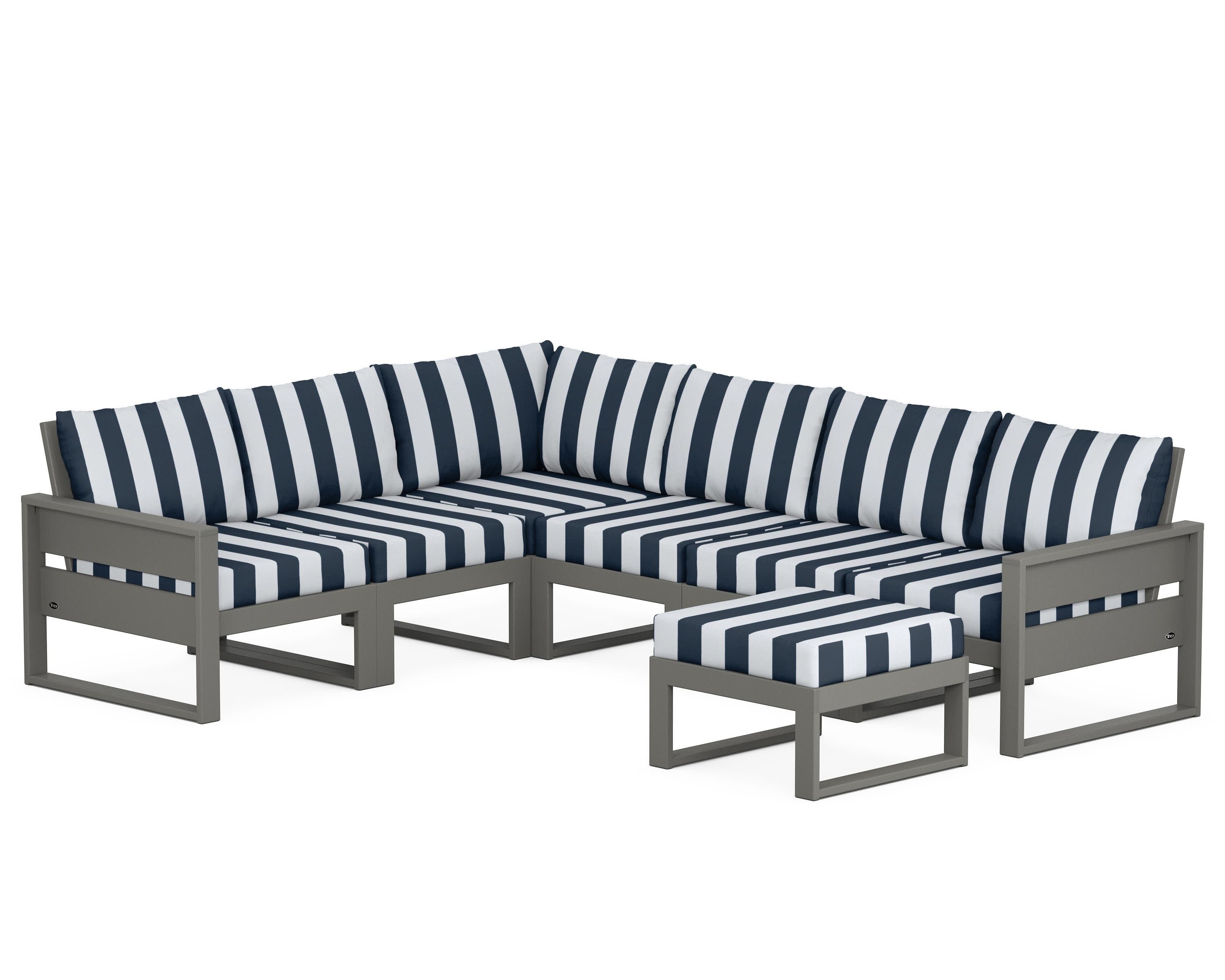Eastport 6-Piece Sectional with Ottoman in Stepping Stone / Cabana Stripe Marine Indigo