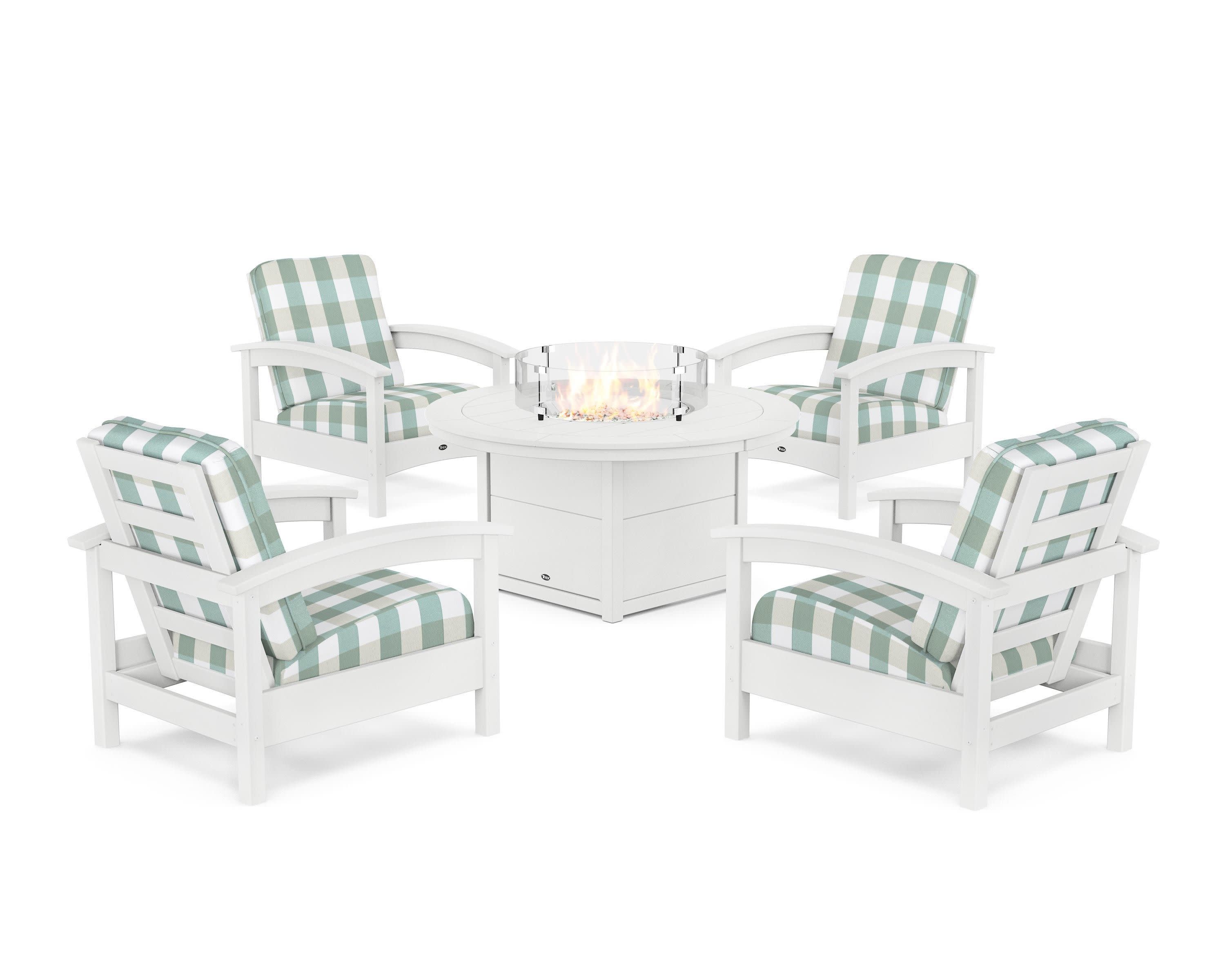 Rockport 5-Piece Deep Seating Set with Round Fire Pit Table in Classic White / Buffalo Plaid Glacier Spa