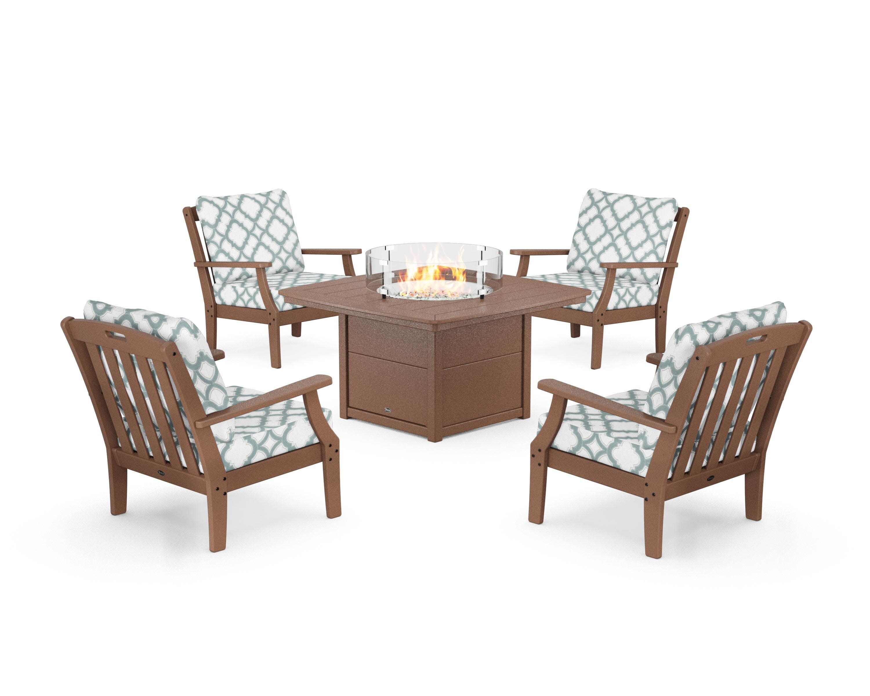 Yacht Club 5-Piece Deep Seating Set with Fire Pit Table in Tree House / Trellis Glacier Spa