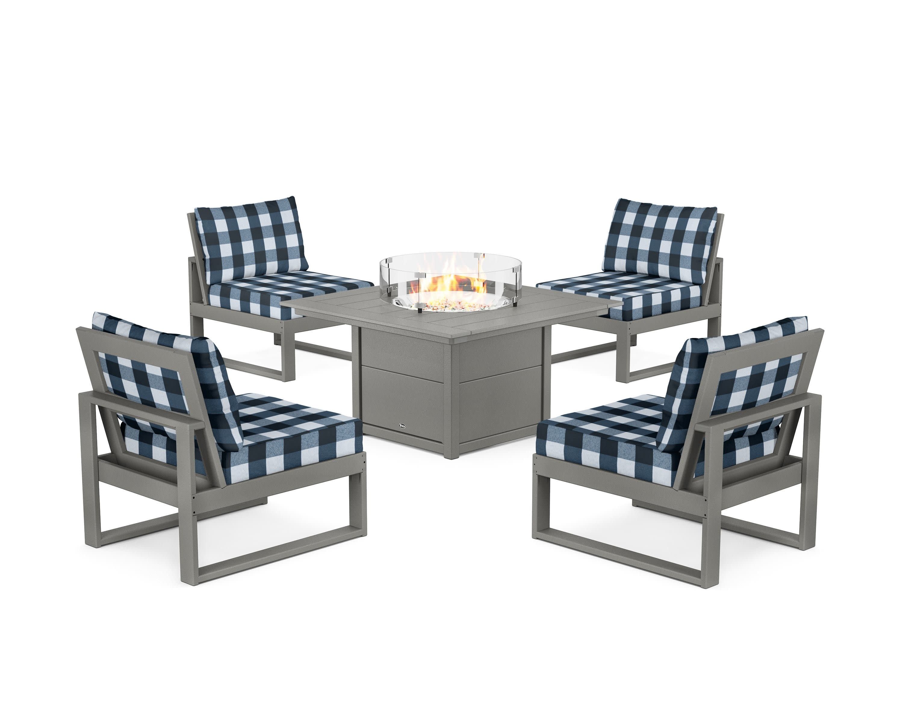 Eastport Modular 5-Piece Deep Seating Set with Square Fire Pit Table in Stepping Stone / Buffalo Plaid Marine Indigo