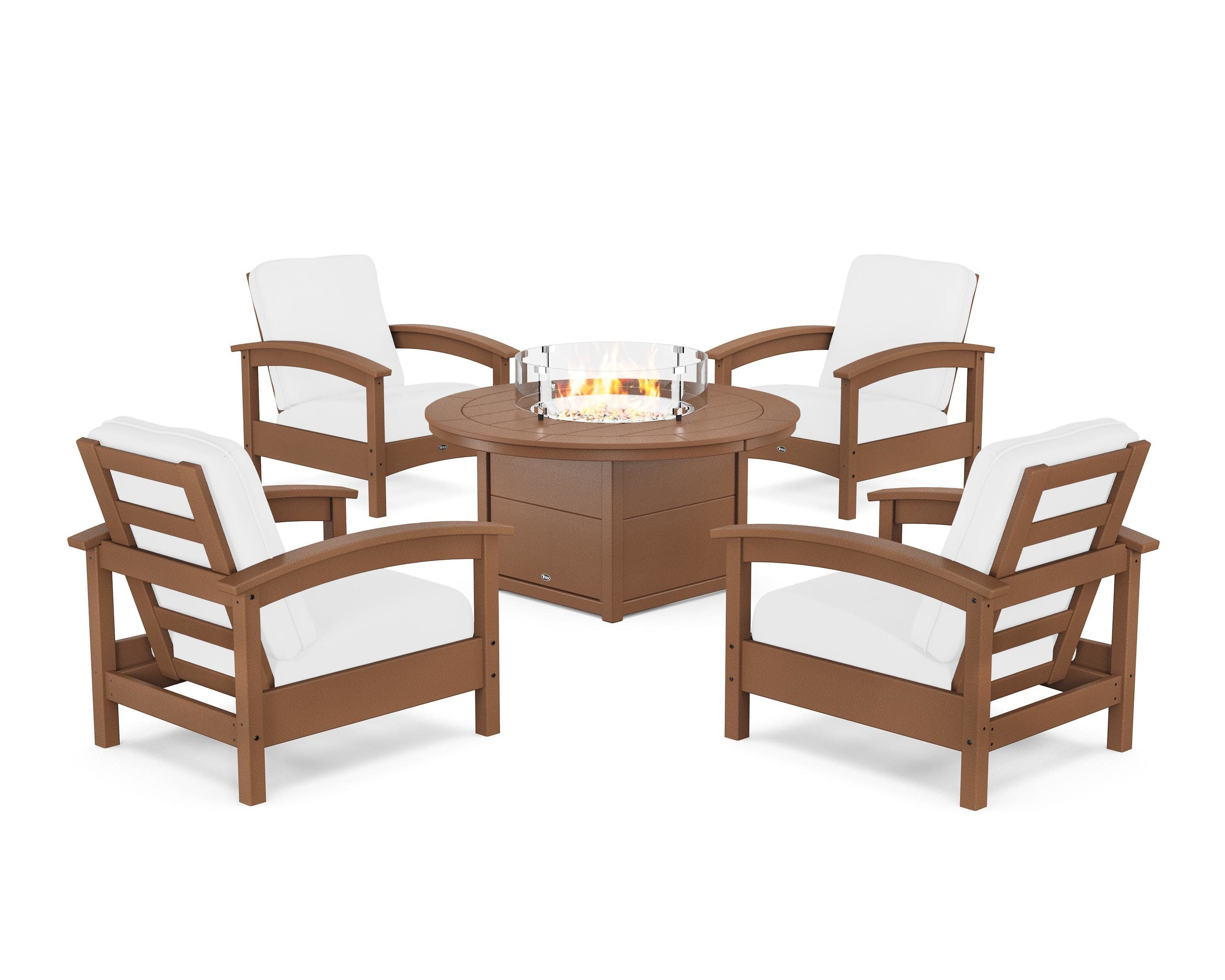 Rockport 5-Piece Deep Seating Set with Round Fire Pit Table in Tree House / Natural