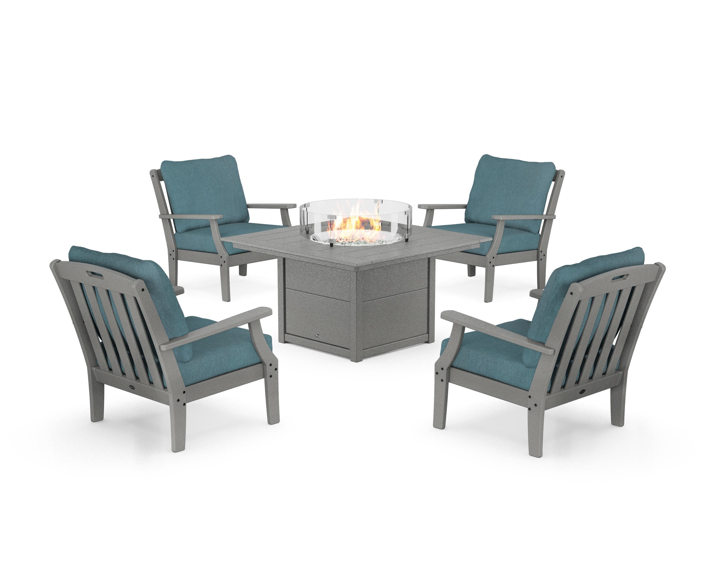 Yacht Club 5-Piece Deep Seating Set with Square Fire Pit Table in Stepping Stone / Ocean Teal