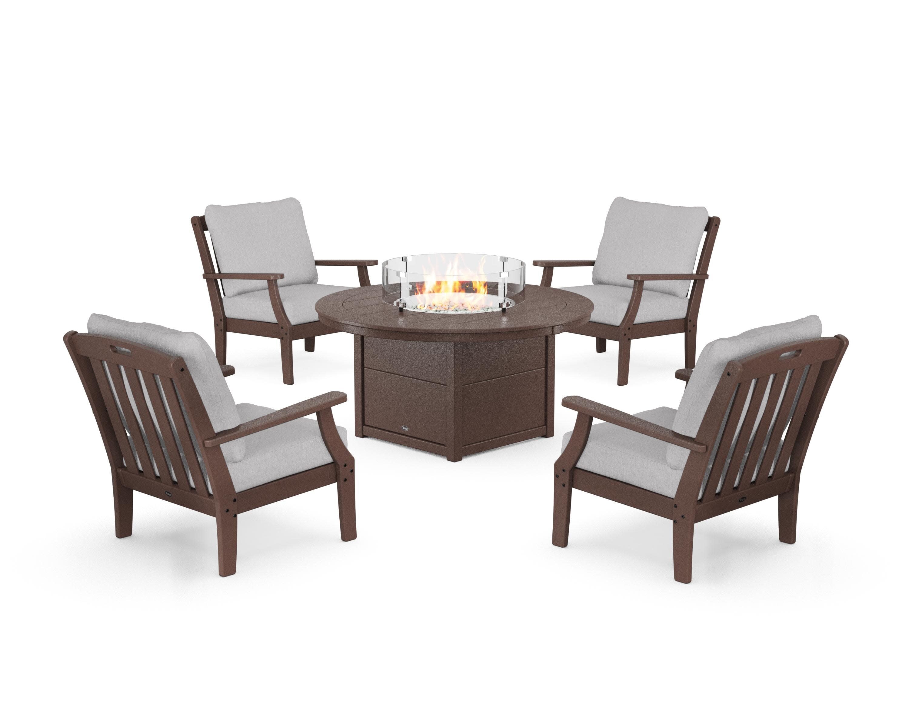 Yacht Club 5-Piece Deep Seating Set with Round Fire Pit Table in Vintage Lantern / Granite